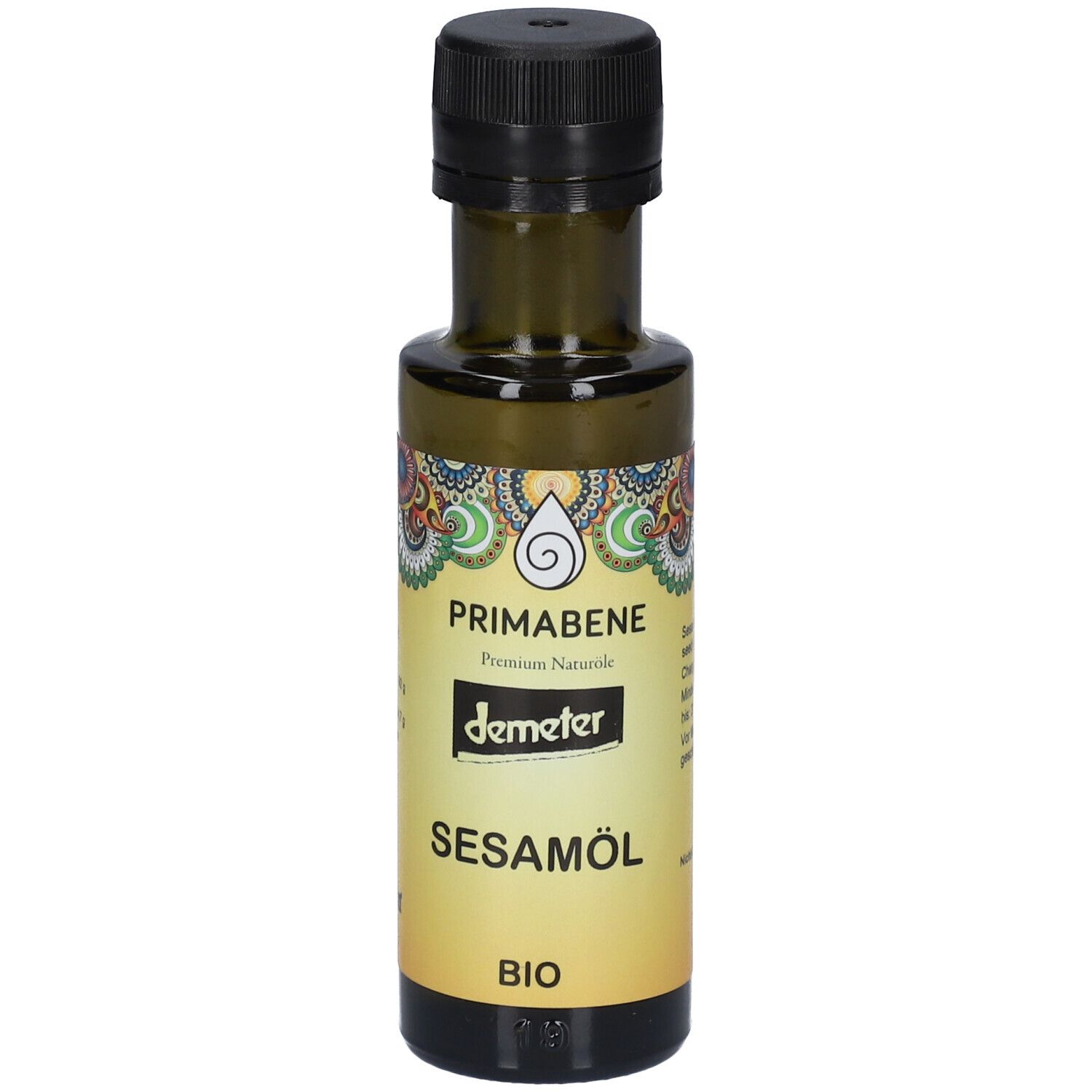 Bouteille en verre vert avec bouchon noir. Étiquette avec PRIMABENE, demeter, huile de sésame et logo BIO.