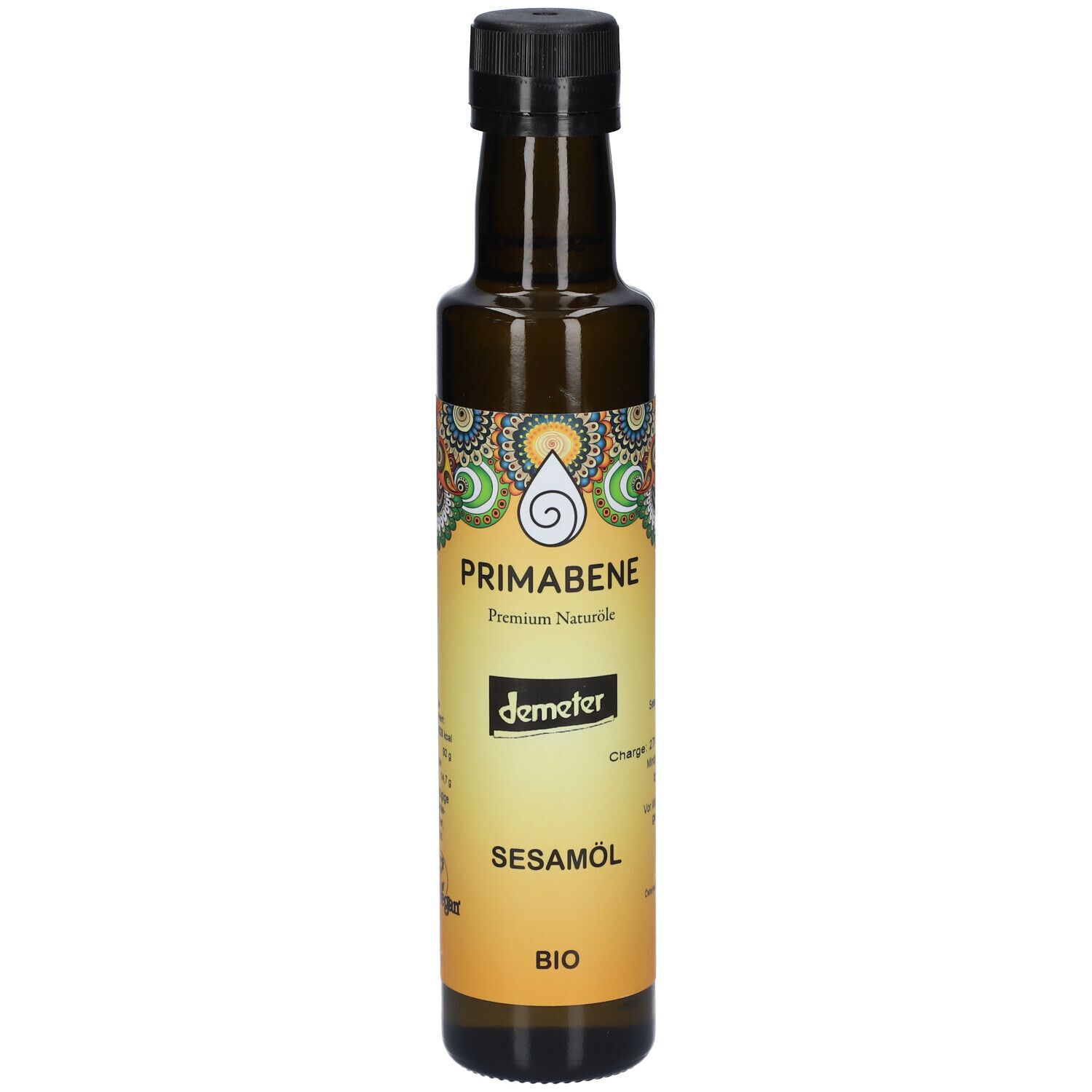 Braune Glasflasche mit schwarzem Deckel. Etikett mit "PRIMABENE Sesamöl BIO" und Demeter-Logo.