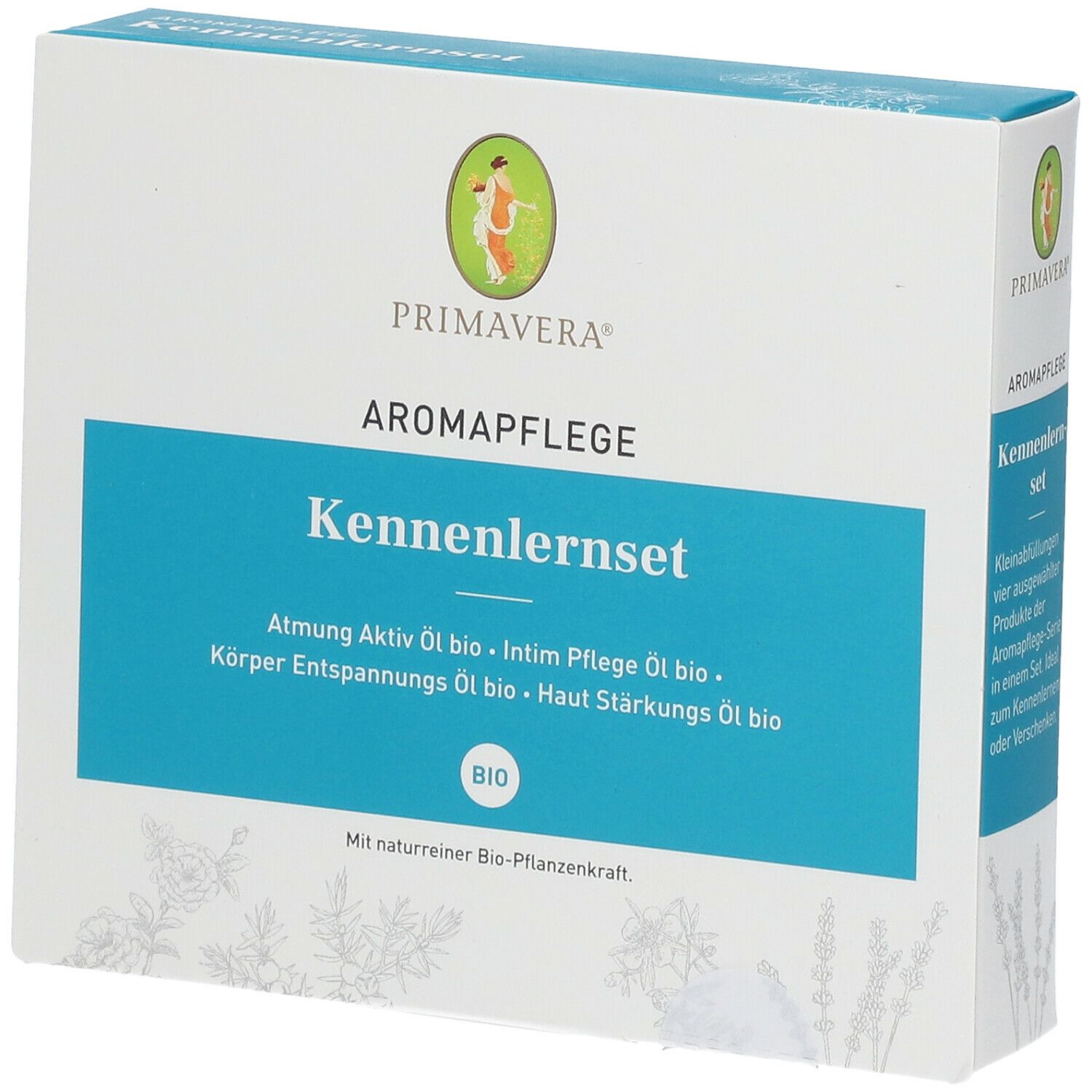 Boîte blanche avec nom et logo du produit. Texte turquoise : Kennenlernset, Aromapflege. Label Bio.
