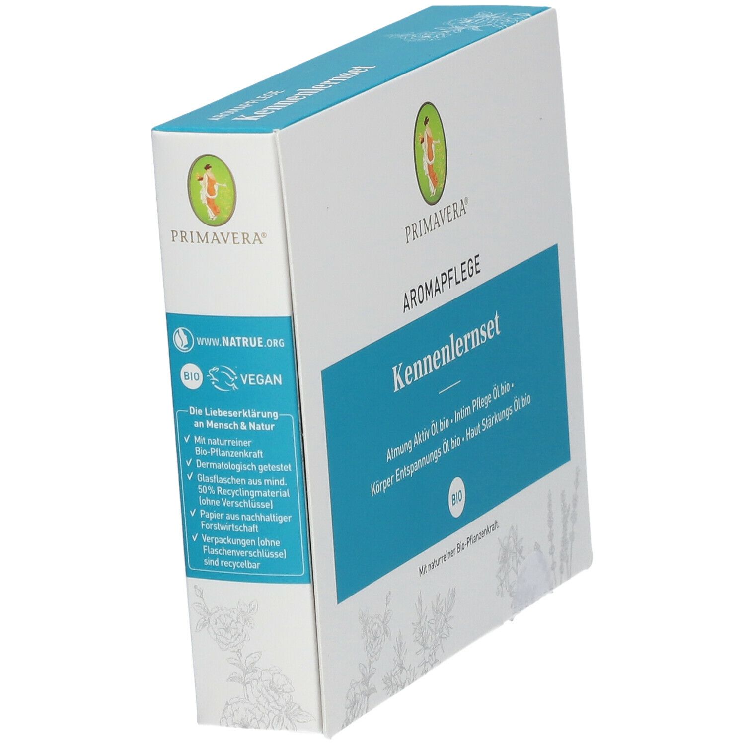 Boîte blanche inclinée avec nom et logo du produit. Texte turquoise : Kennenlernset, Aromapflege. Label Bio.