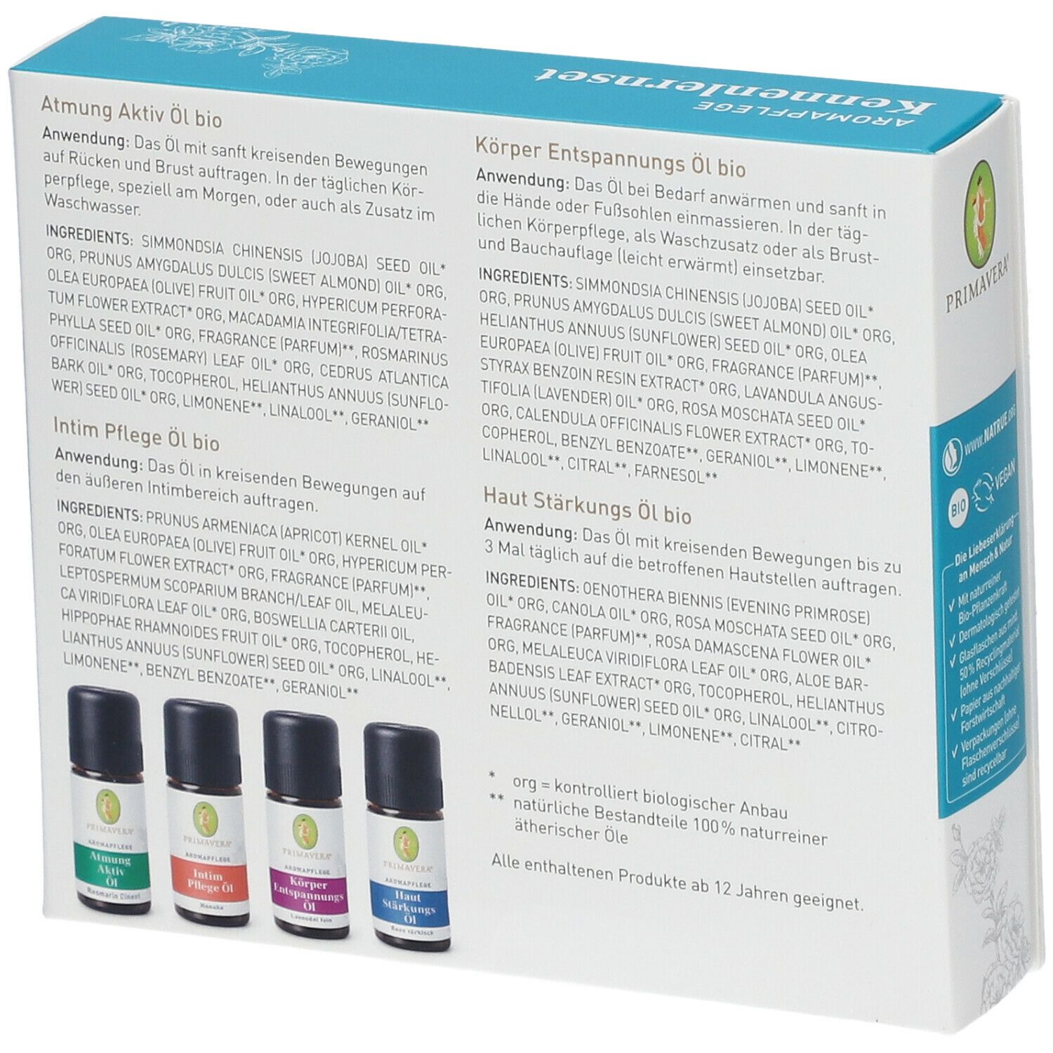 Dos de la boîte avec informations sur le produit et ingrédients. Quatre petites bouteilles avec étiquettes colorées.
