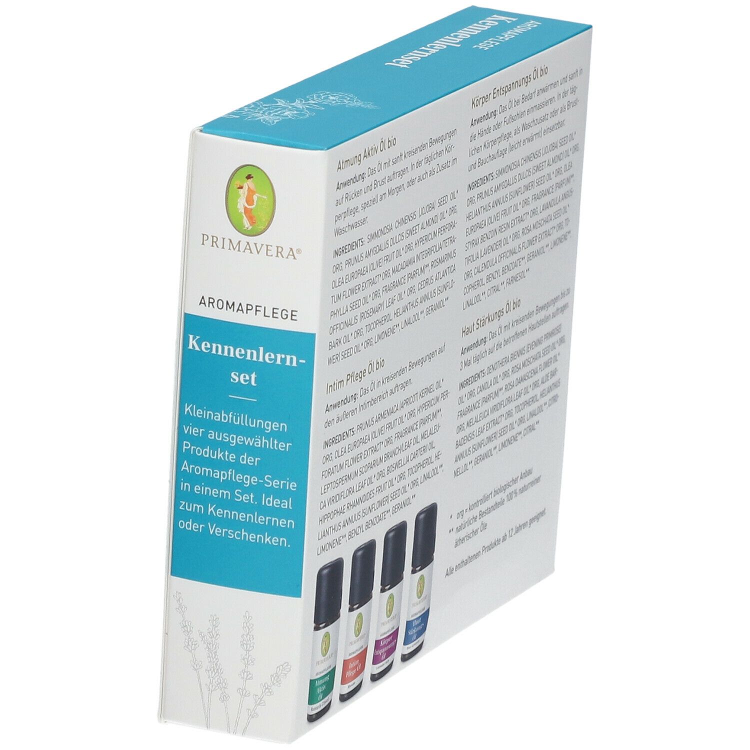 Boîte inclinée avec informations sur le produit et quatre petites bouteilles avec étiquettes colorées.