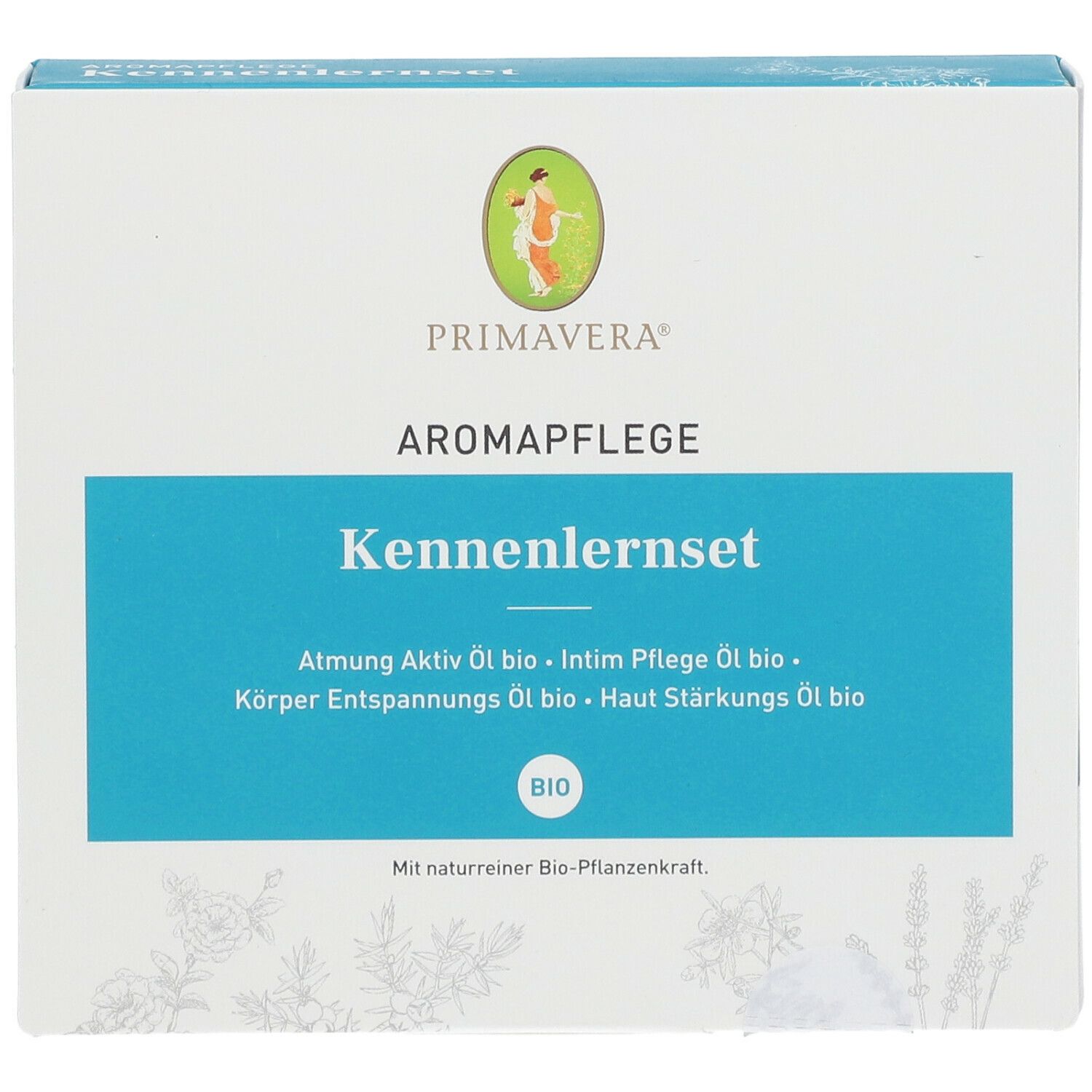 Boîte blanche avec nom et logo du produit. Texte turquoise : Kennenlernset, Aromapflege. Label Bio.