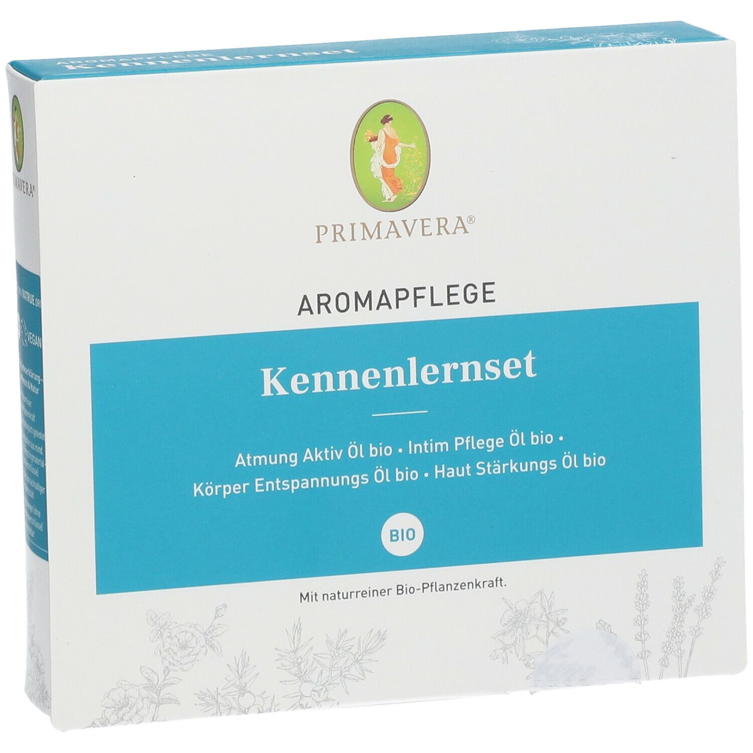 Boîte blanche avec nom et logo du produit. Texte turquoise : Kennenlernset, Aromapflege. Label Bio.