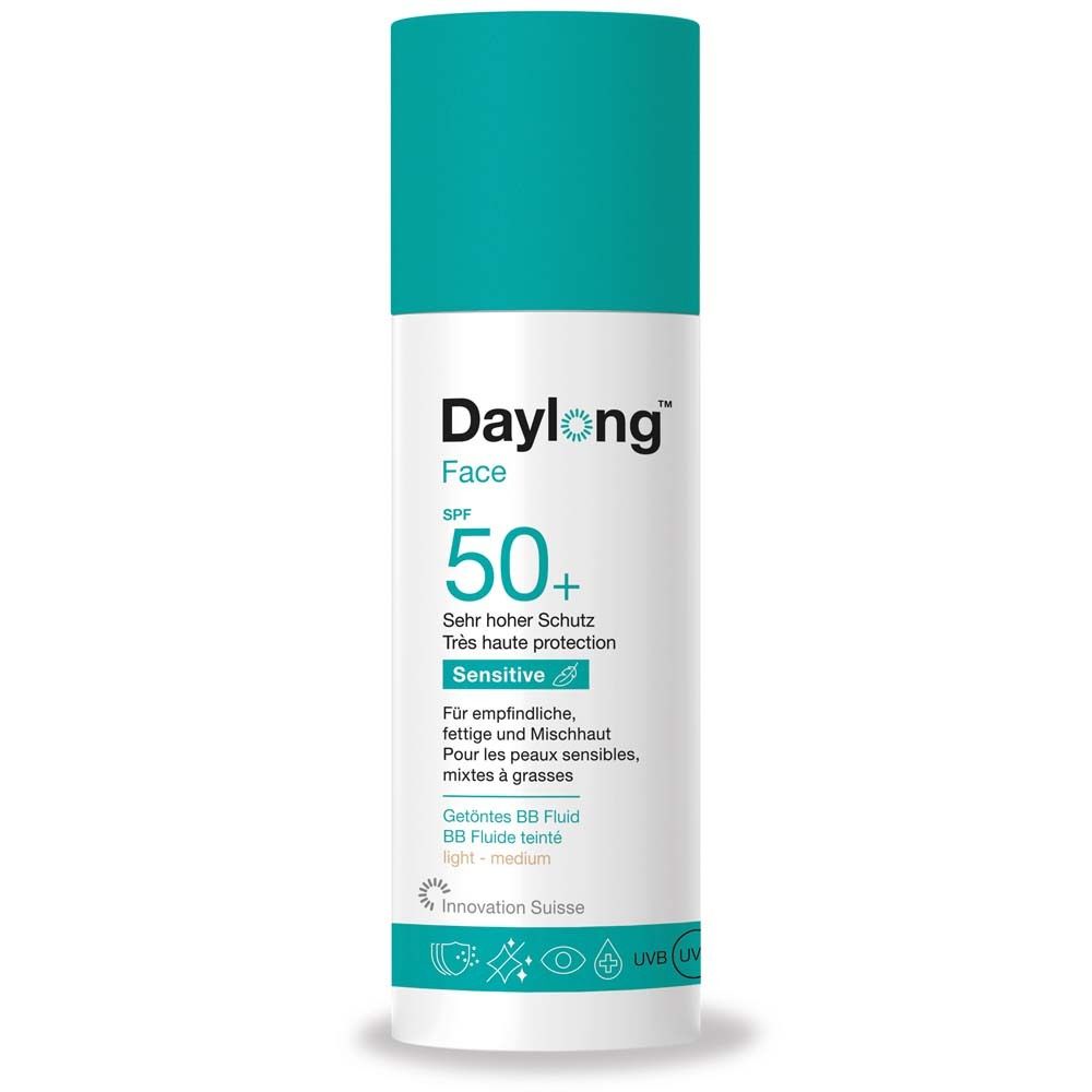 Flacon blanc avec bouchon bleu. Inscription: Daylong Face SPF 50+. Pour peaux sensibles.