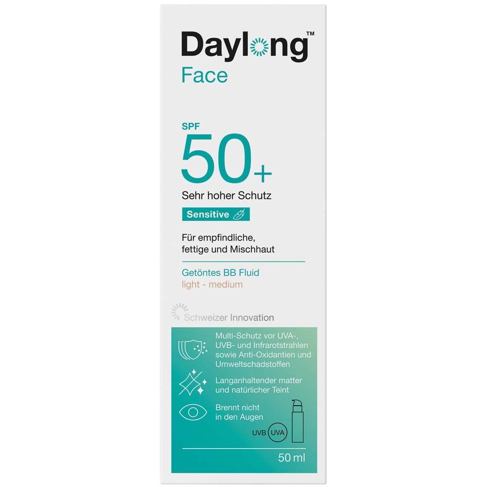Emballage blanc avec inscription: Daylong Face SPF 50+. Contient des informations et des icônes.