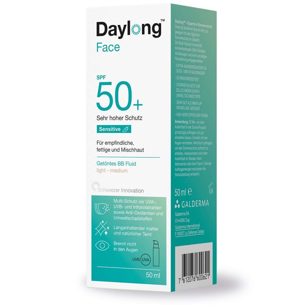 Emballage blanc avec inscription: Daylong Face SPF 50+. Contient des informations et des icônes.