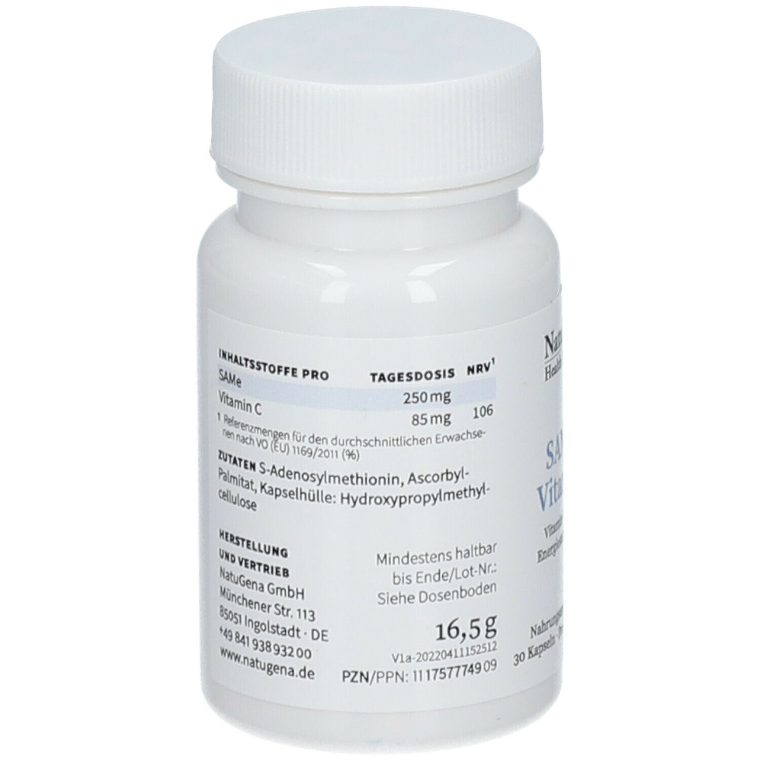 Rückseite der weißen Flasche. Zutatenliste, Dosierung, Herstellerinformationen. 16,5g. 30 Kapseln.