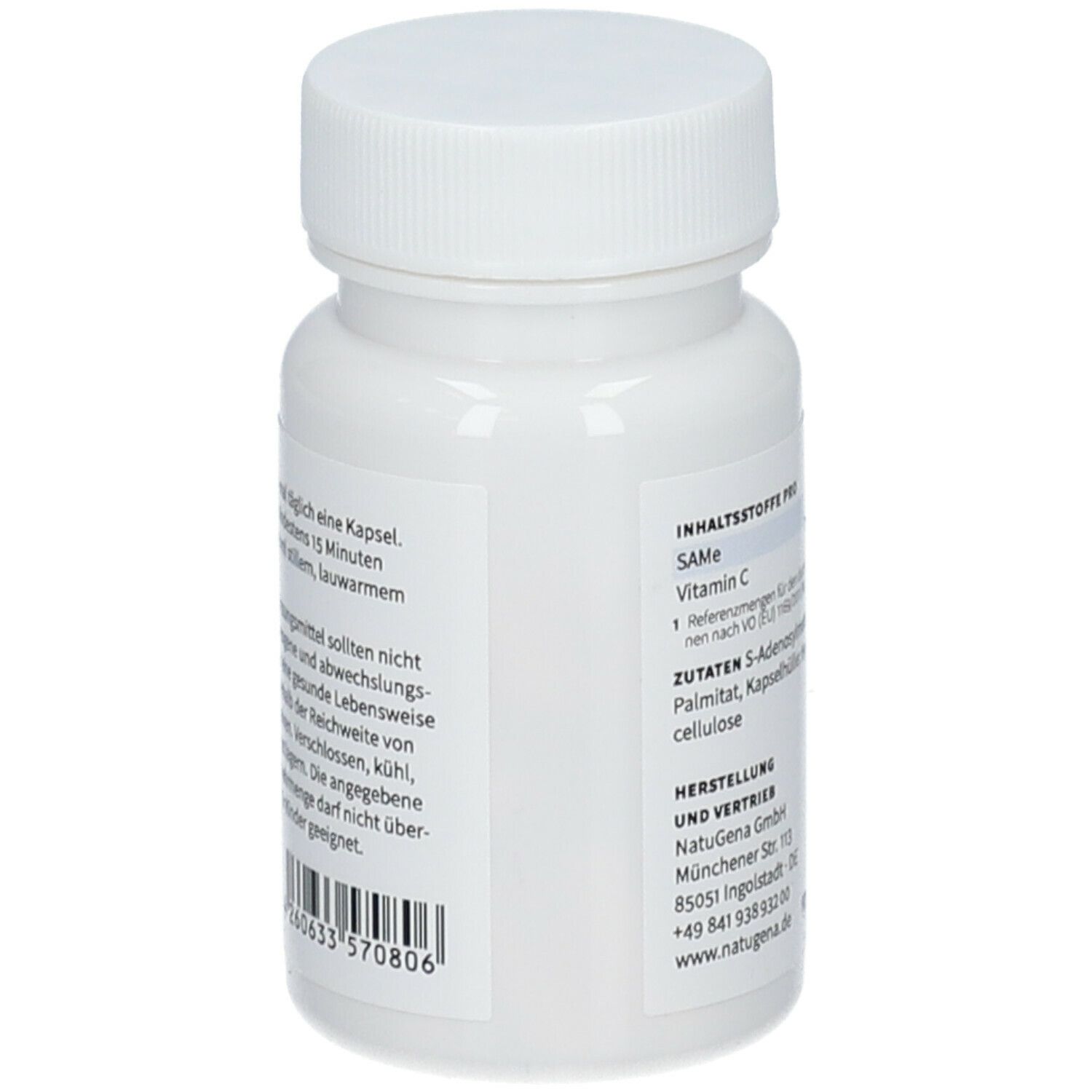 Weiße Flasche, Seitenansicht. Text: Inhaltsstoffe, Herstellerinformationen, Barcode.