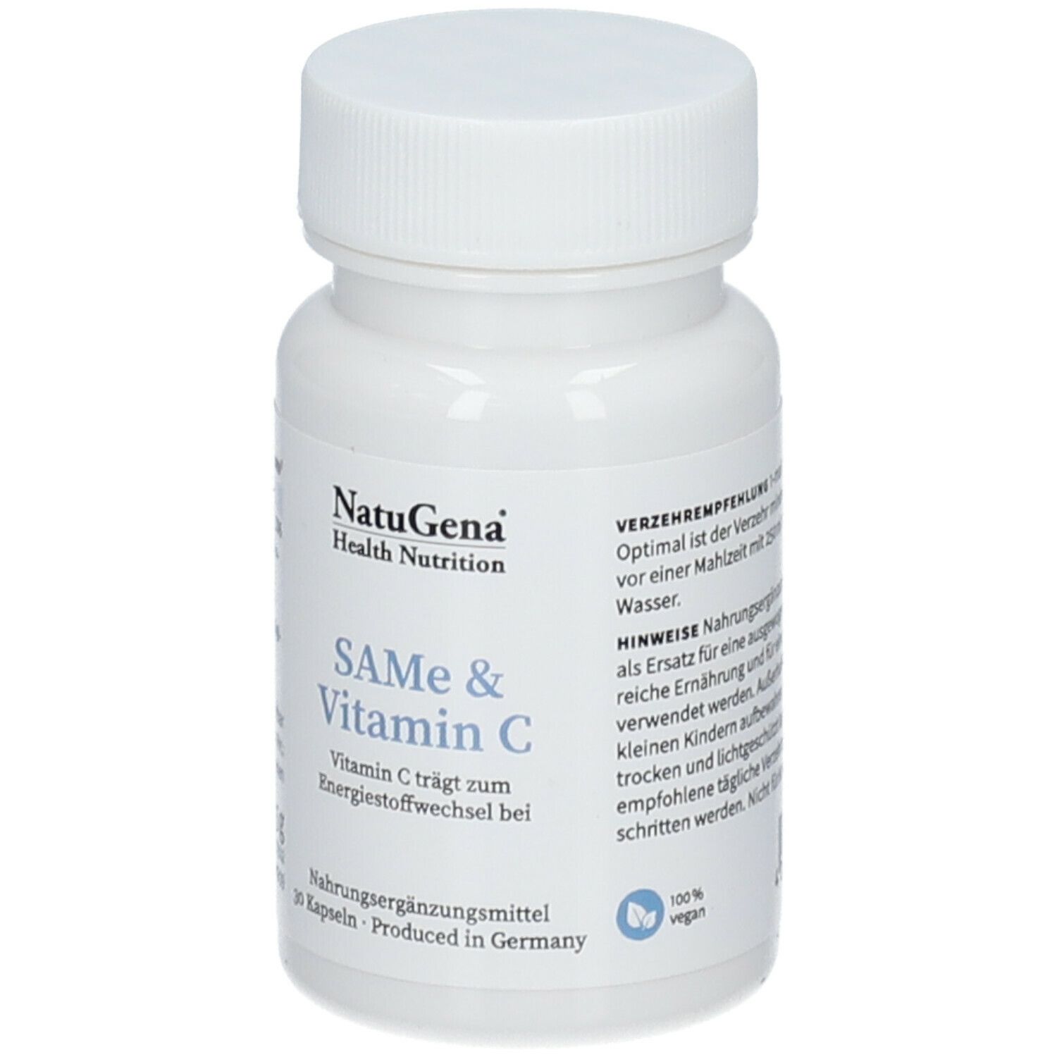 Weiße Flasche mit Kapseln. Aufschrift: NatuGena, SAMe & Vitamin C. 30 Kapseln. 16,5g.