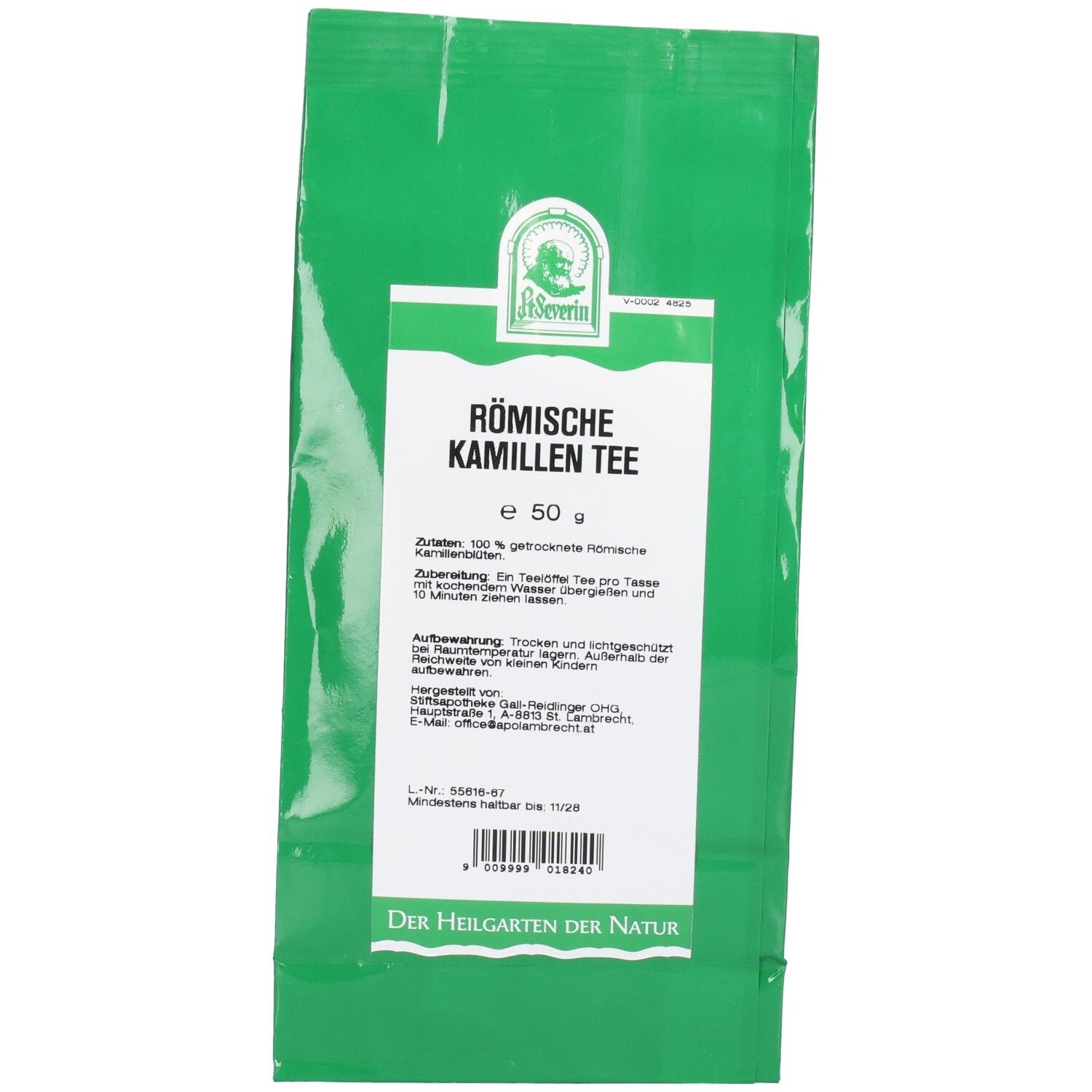 Sachet vert avec étiquette blanche. Inscription: Römische Kamillen Tee. Logo. Texte sur les ingrédients et la préparation.