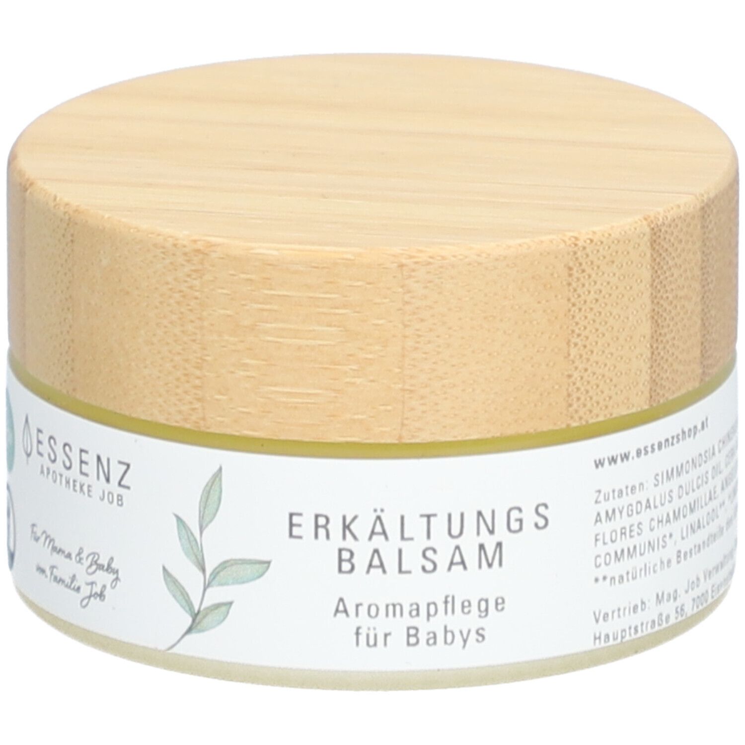 Pot rond avec couvercle en bois. Inscription : Erkältungsbalsam, Aromapflege für Babys. Logo : Essenz Apotheke Job.