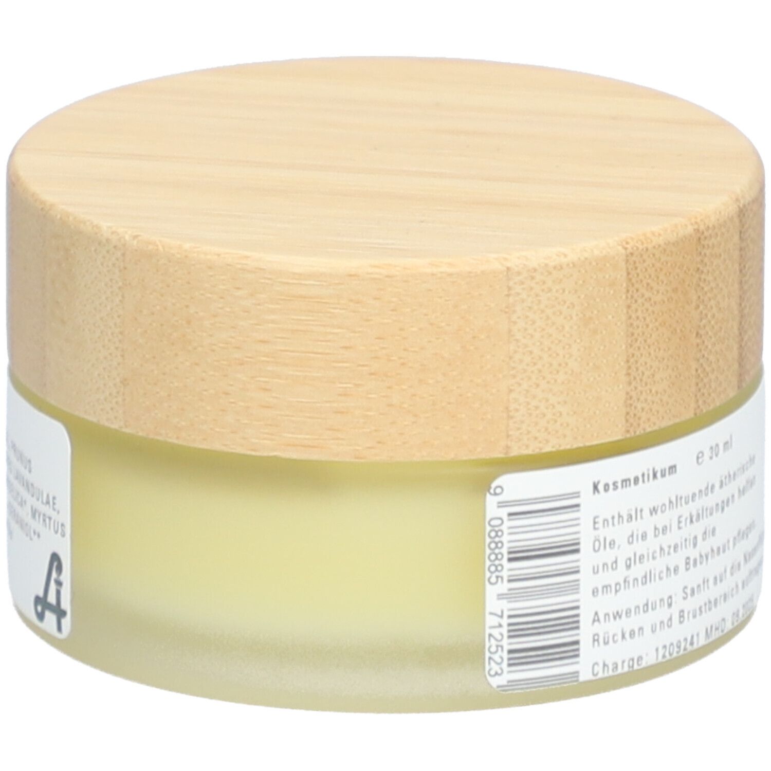 Pot rond avec couvercle en bois. Inscription : Kosmetikum, 30 ml. Texte : Enthält wohltuende ätherische Öle. Code-barres.
