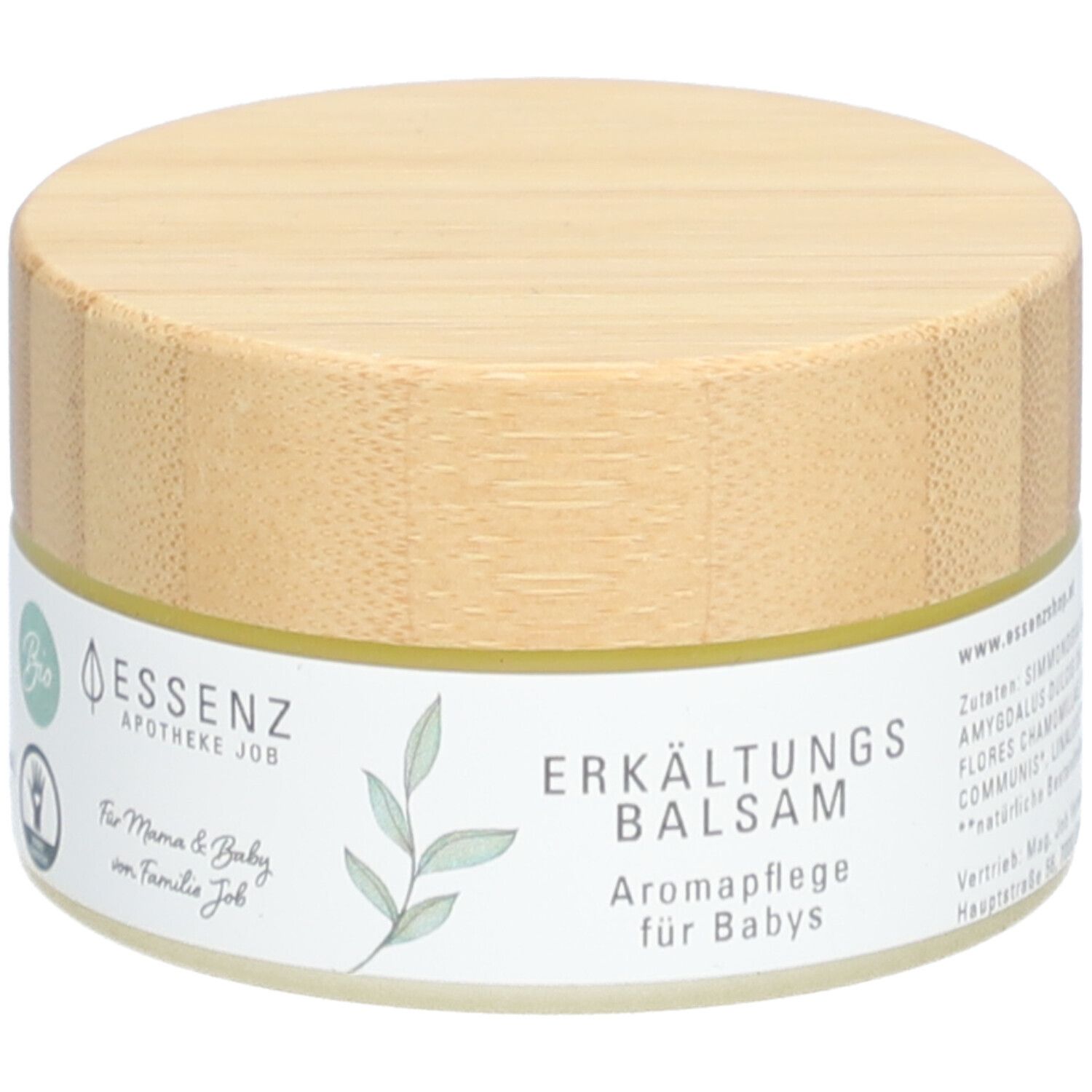 Pot rond avec couvercle en bois. Inscription : Erkältungsbalsam, Aromapflege für Babys. Logo : Essenz Apotheke Job. Label Bio.
