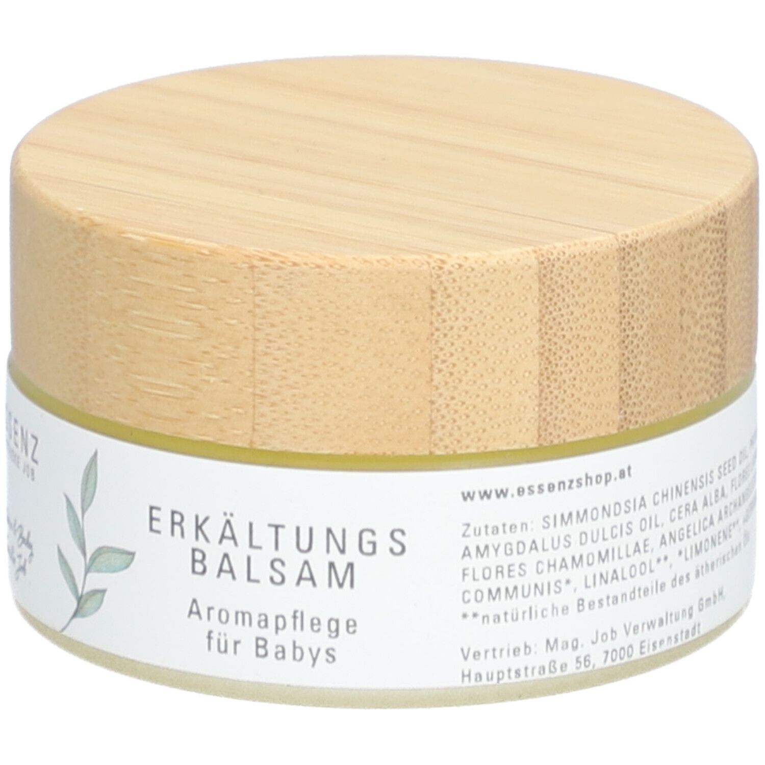 Pot rond avec couvercle en bois. Inscription : Erkältungsbalsam, Aromapflege für Babys. Logo : Essenz Apotheke Job. Liste des ingrédients.
