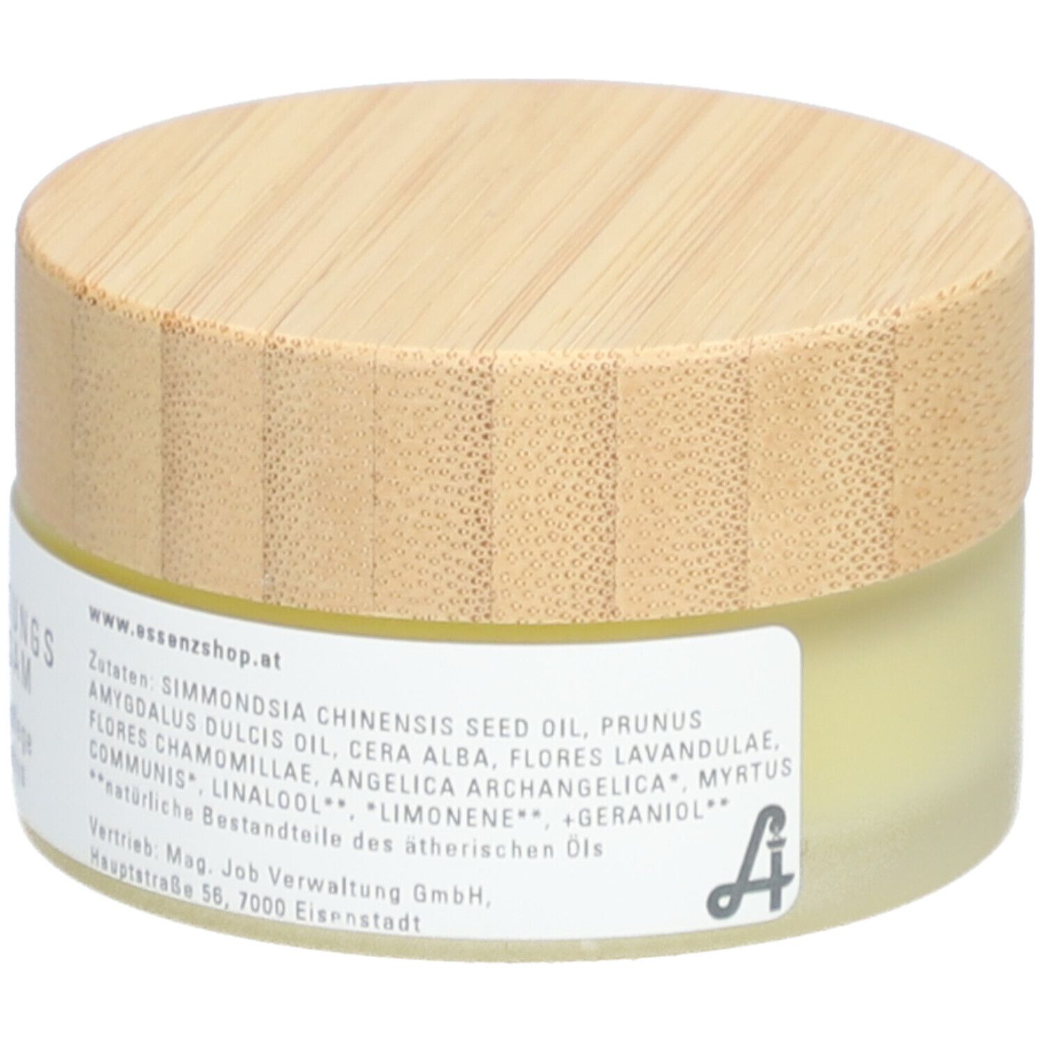 Pot rond avec couvercle en bois. Inscription : Liste des ingrédients, www.essenzshop.at. Logo : Essenz Apotheke Job. Distribution : Mag. Job Verwaltung GmbH.