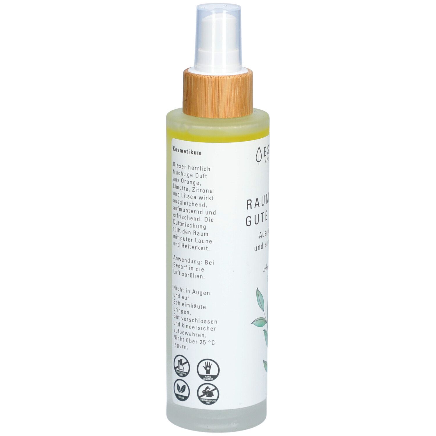 Raumspray mit Sprühkopf. Aufschrift: ESSENZ, Raumspray Gute Laune. Text über Inhaltsstoffe und Anwendung. Mit Logo und Zertifizierungen.