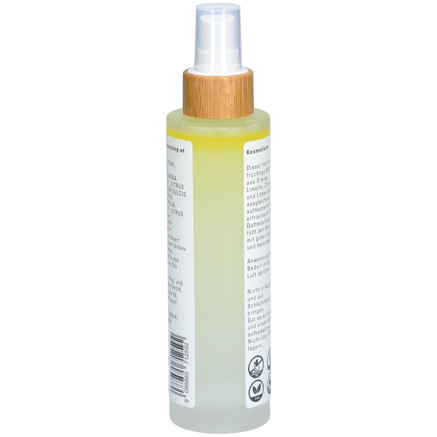 Raumspray mit Sprühkopf. Rückseite mit Text über Inhaltsstoffe und Anwendung. Mit Logo und Zertifizierungen.