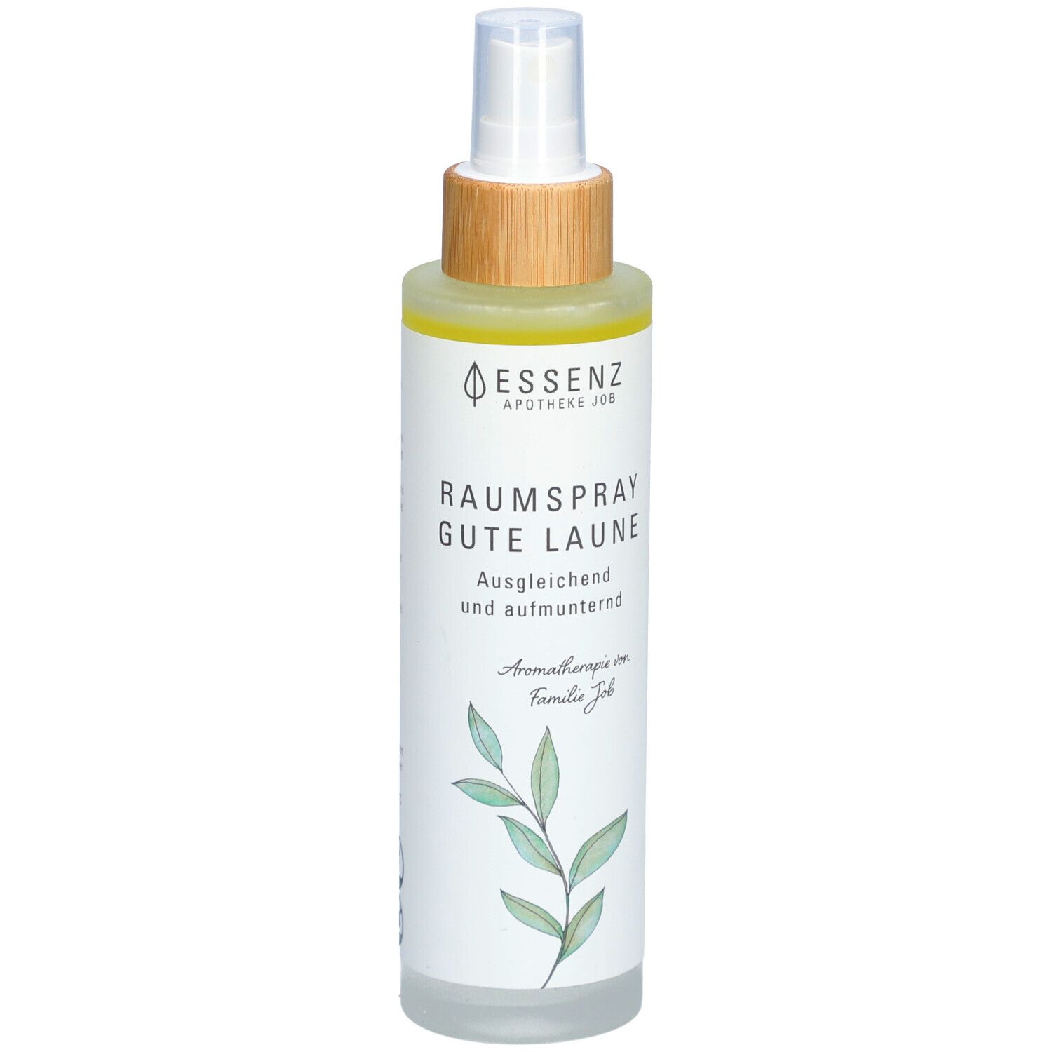 Raumspray mit Sprühkopf. Aufschrift: ESSENZ, Raumspray Gute Laune. Ausgleichend und aufmunternd. Mit Blatt-Illustration.