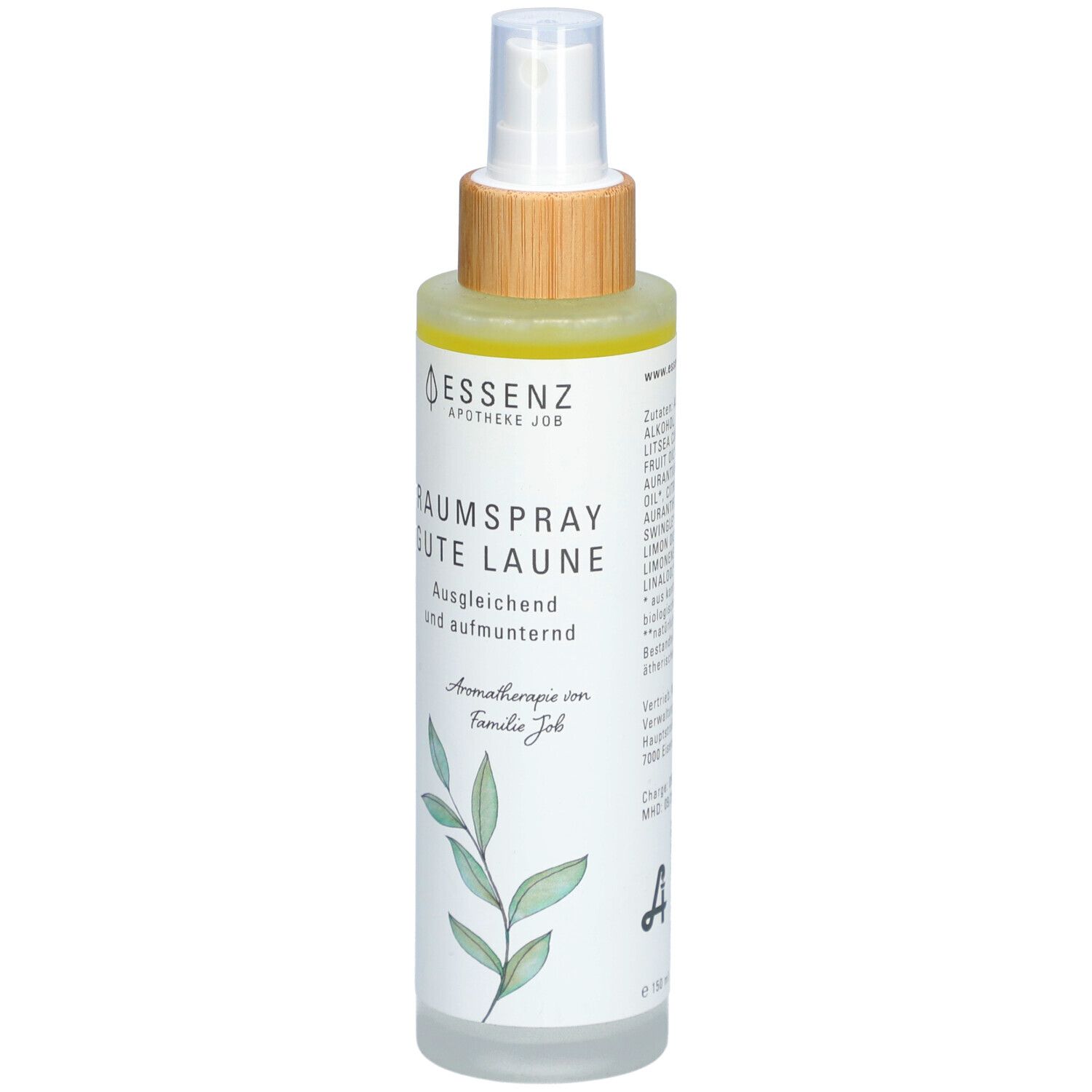 Raumspray mit Sprühkopf. Aufschrift: ESSENZ, Raumspray Gute Laune. Ausgleichend und aufmunternd. Mit Blatt-Illustration. Mit Logo.
