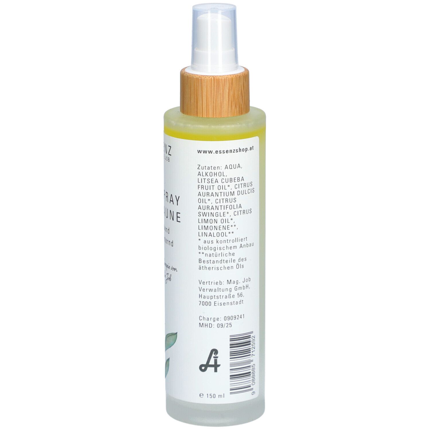 Raumspray mit Sprühkopf. Rückseite mit Text über Inhaltsstoffe und Anwendung. Mit Logo, Chargennummer und MHD.