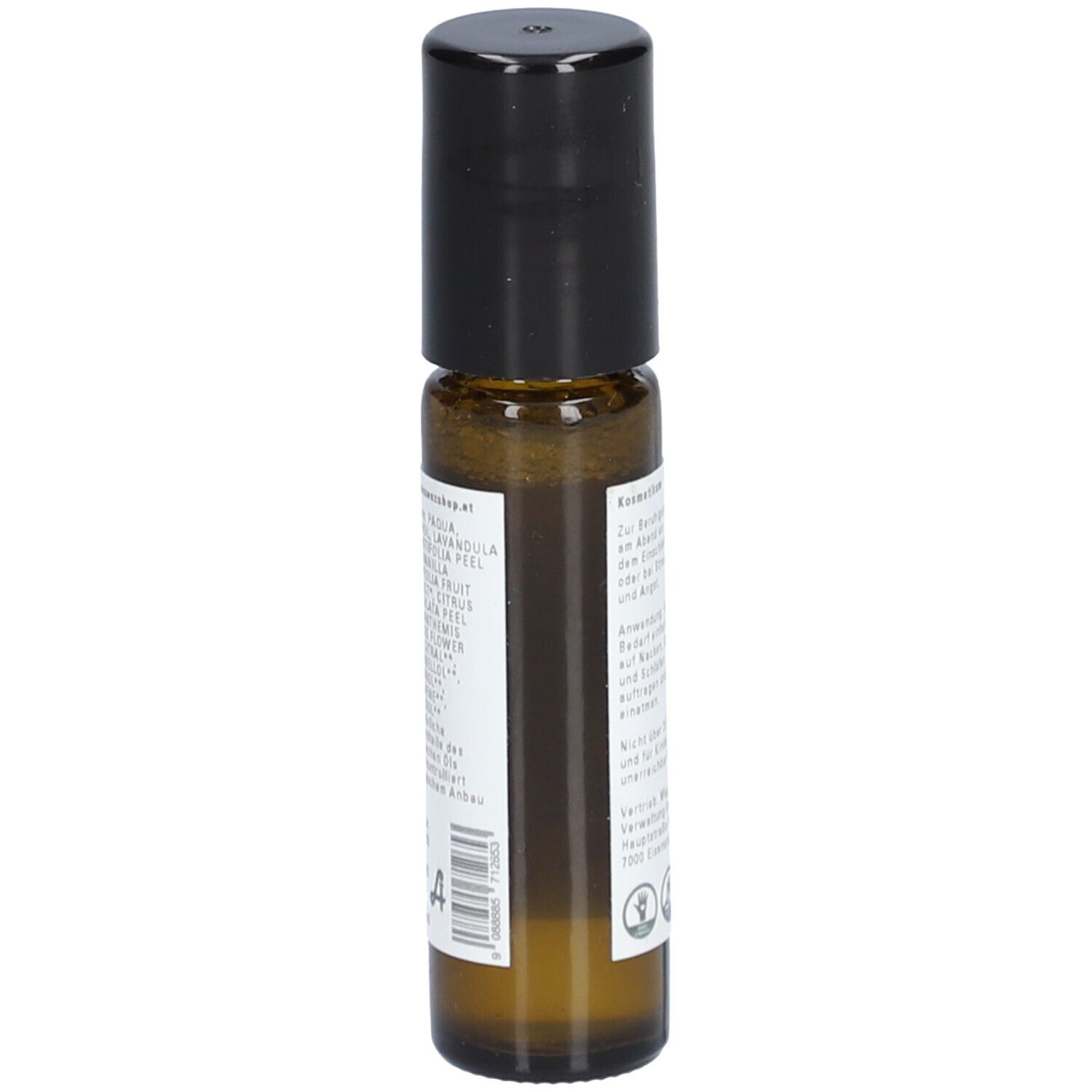 Flacon en verre brun avec bouchon noir. Étiquette avec texte et ingrédients.