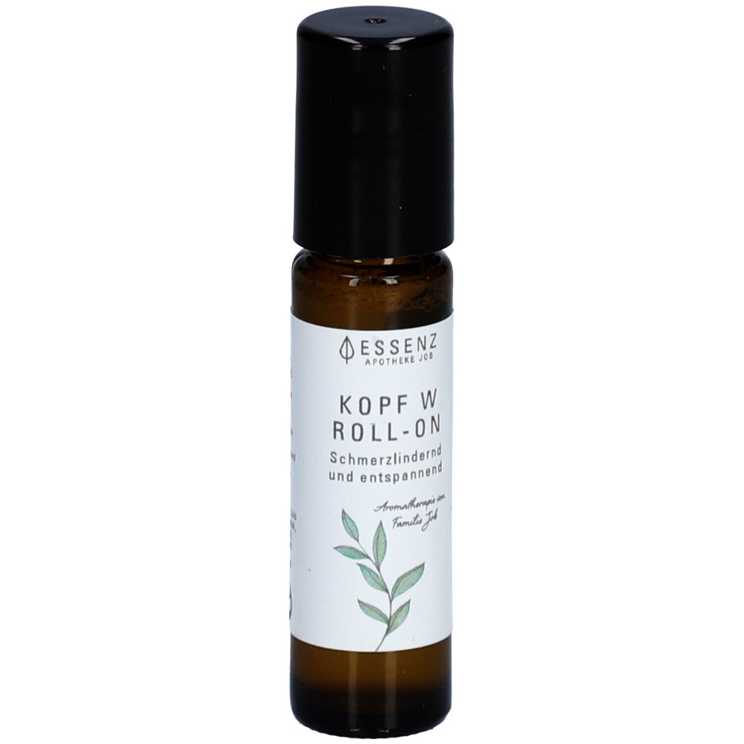 Flacon en verre brun avec bouchon noir. Étiquette avec nom du produit et logo. "Kopf W Roll-On".