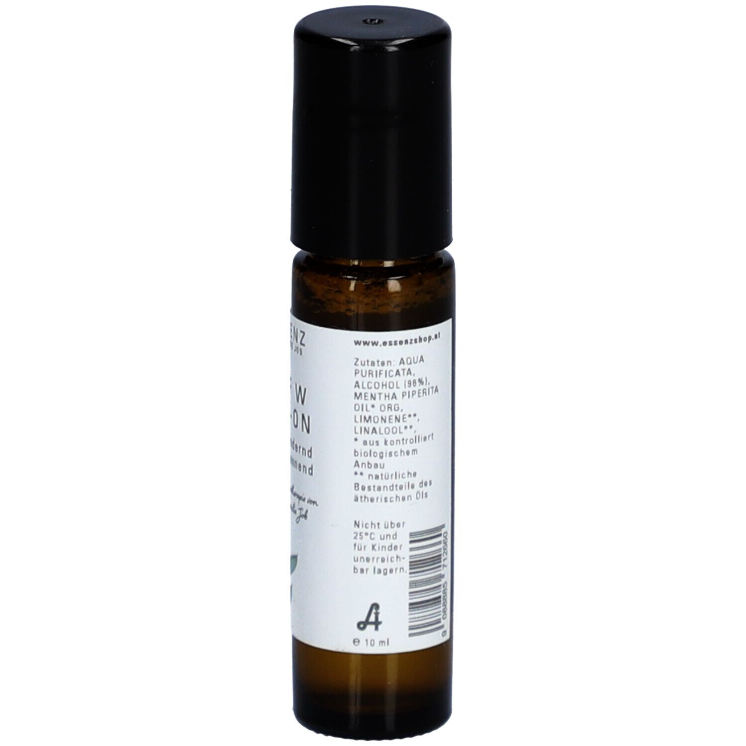 Flacon en verre brun avec bouchon noir. Étiquette avec ingrédients et logo. "Kopf W Roll-On".