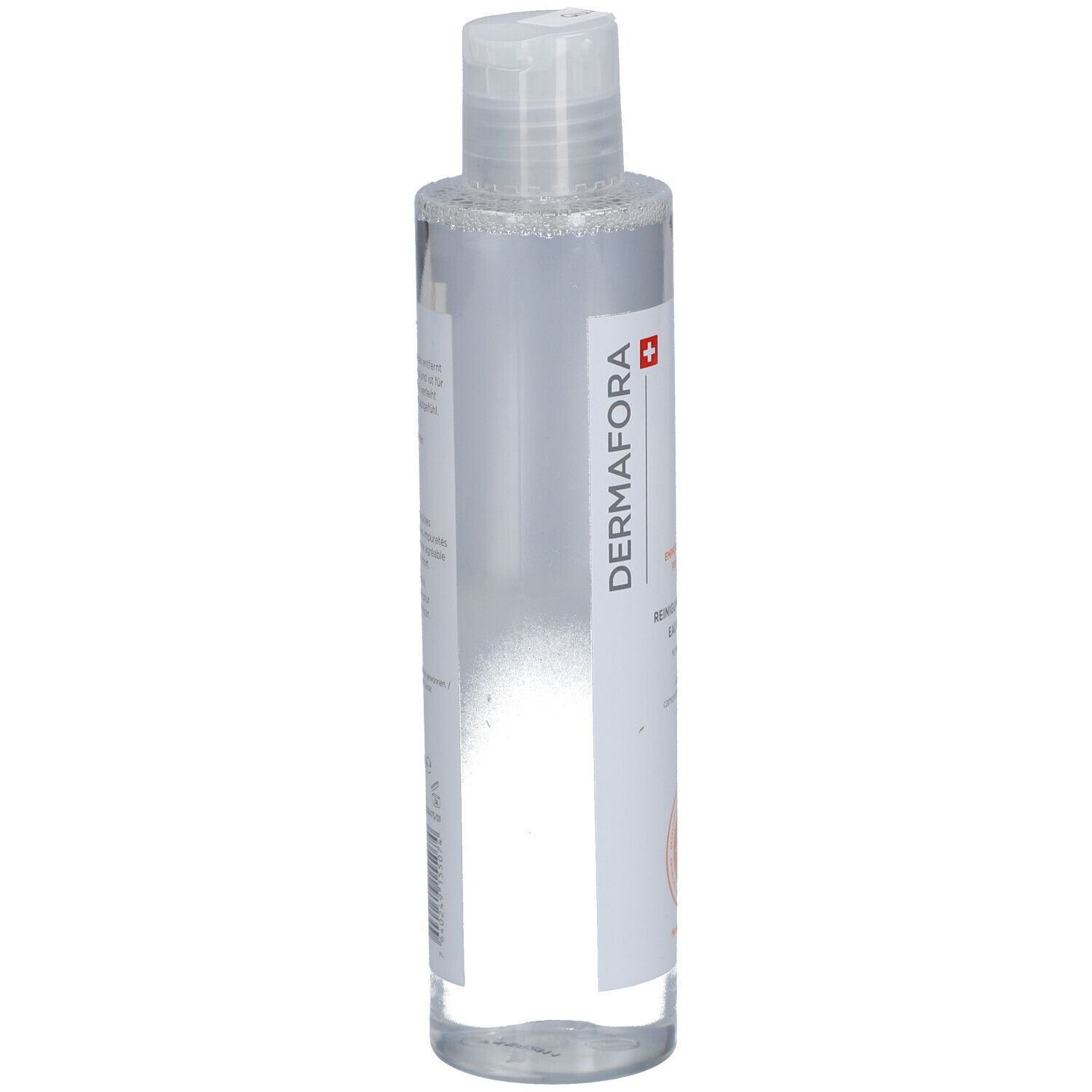 Transparente Flasche mit weißem Etikett. Text: DERMAFORA. Schweizer Kreuz. Flasche leicht schräg gestellt.