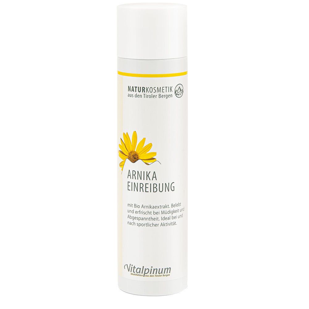 Zylindrische Flasche mit weißem Deckel. Gelbe Etiketten mit Text und einer Kamillenblüte. Vitalpinum-Logo.