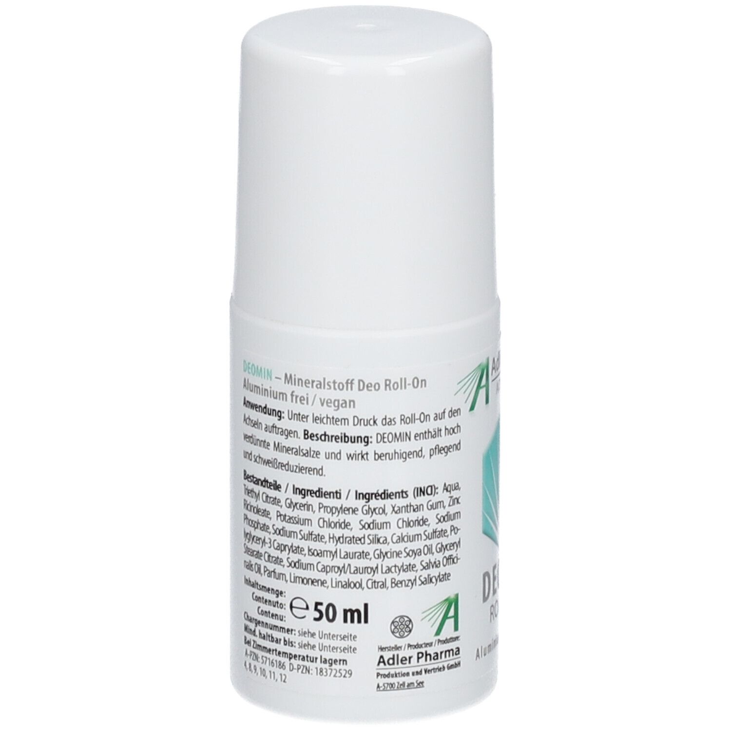 Rückseite des weißen Roll-On von Adler Pharma. Text: DEOMIN - Mineralstoff Deo Roll-On. Inhaltsstoffe, Inhalt: 50 ml.