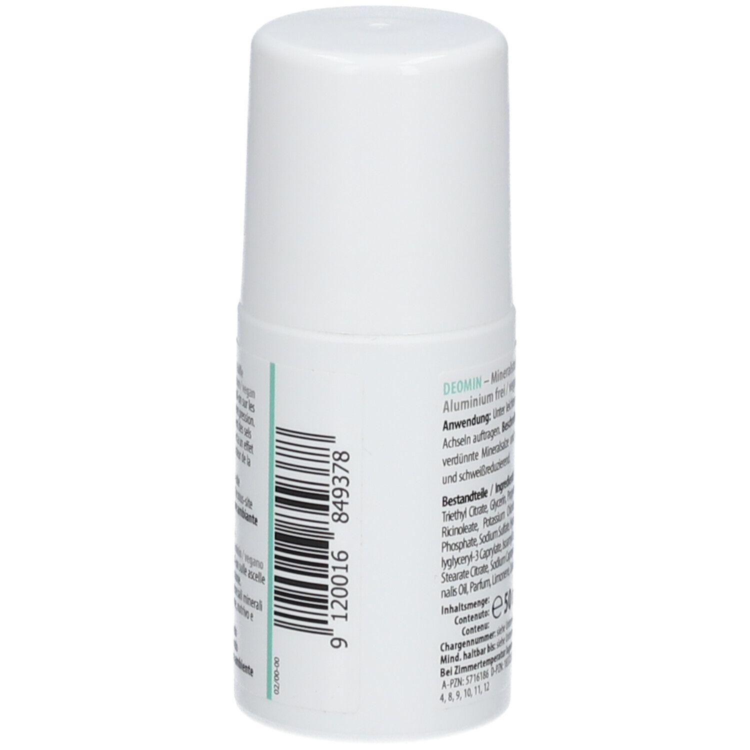 Rückseite des weißen Roll-On. Barcode und Text: DEOMIN - Mineralstoff Deo Roll-On. Inhaltsstoffe, Inhalt: 50 ml.