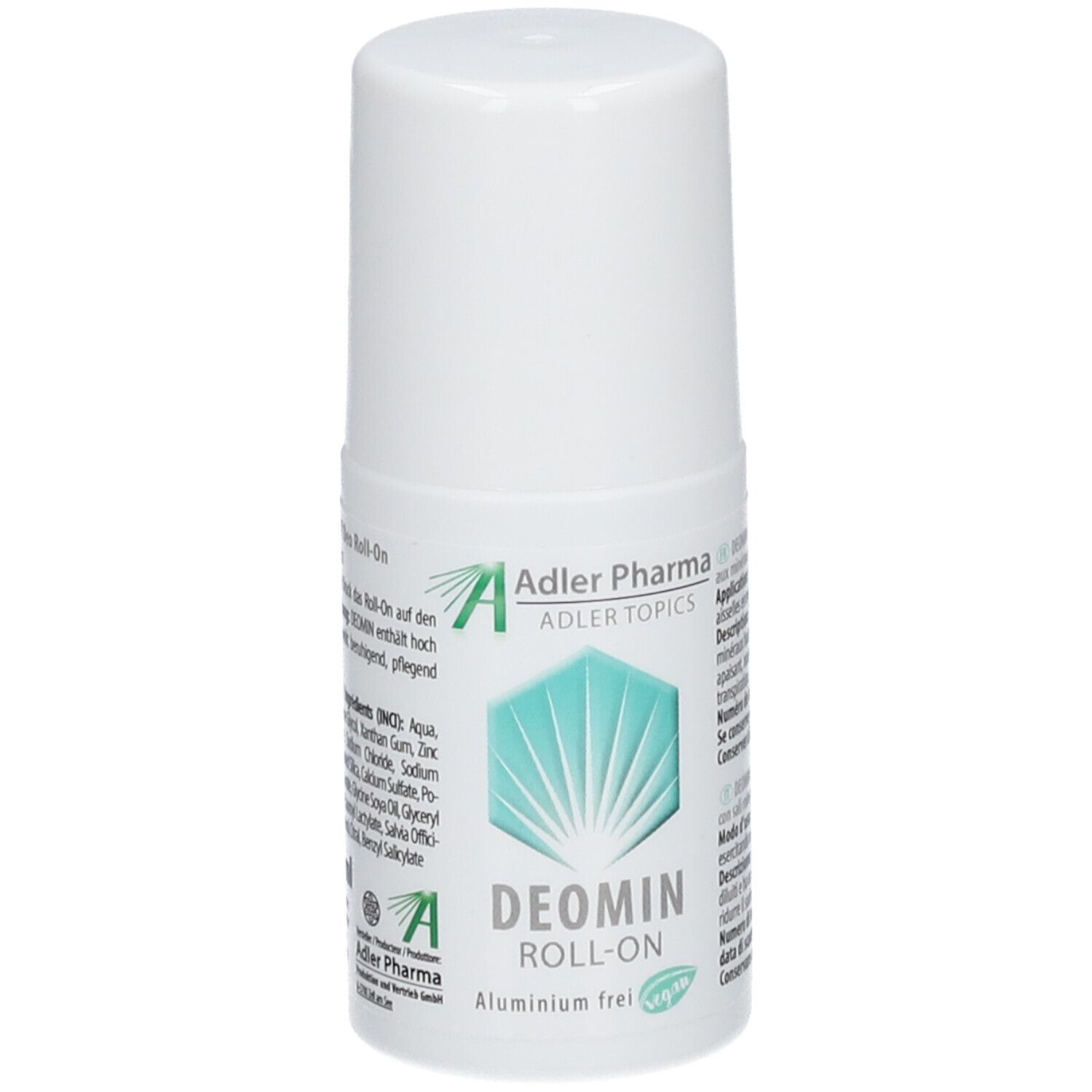 Weißer Roll-On von Adler Pharma. Aufschrift: DEOMIN Roll-On, Aluminium frei. Logo mit grünen Blättern.