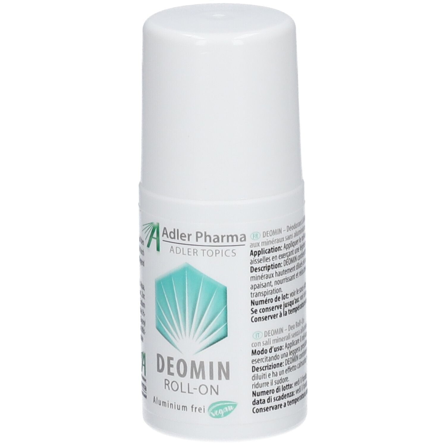 Weißer Roll-On von Adler Pharma. Aufschrift: DEOMIN Roll-On, Aluminium frei. Logo mit grünen Blättern.