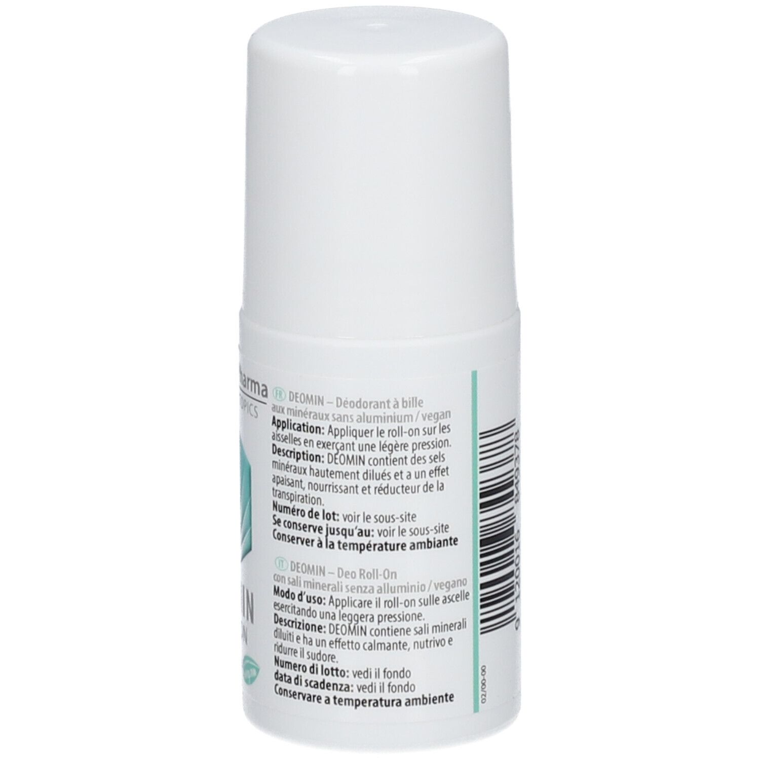Rückseite des weißen Roll-On. Text: DEOMIN - Mineralstoff Deo Roll-On. Anwendung, Inhaltsstoffe, Inhalt: 50 ml.