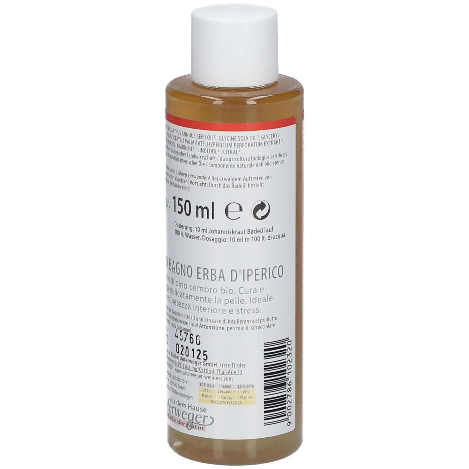 Flacon en verre brun avec bouchon blanc. Dos avec texte et indication de quantité 150 ml.