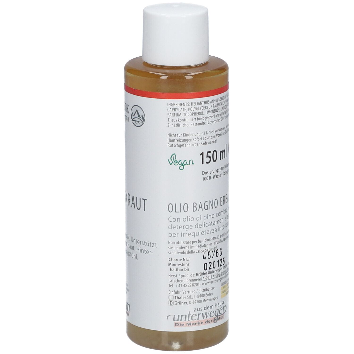 Flacon en verre brun avec bouchon blanc. Dos avec texte, quantité 150 ml, label Vegan.