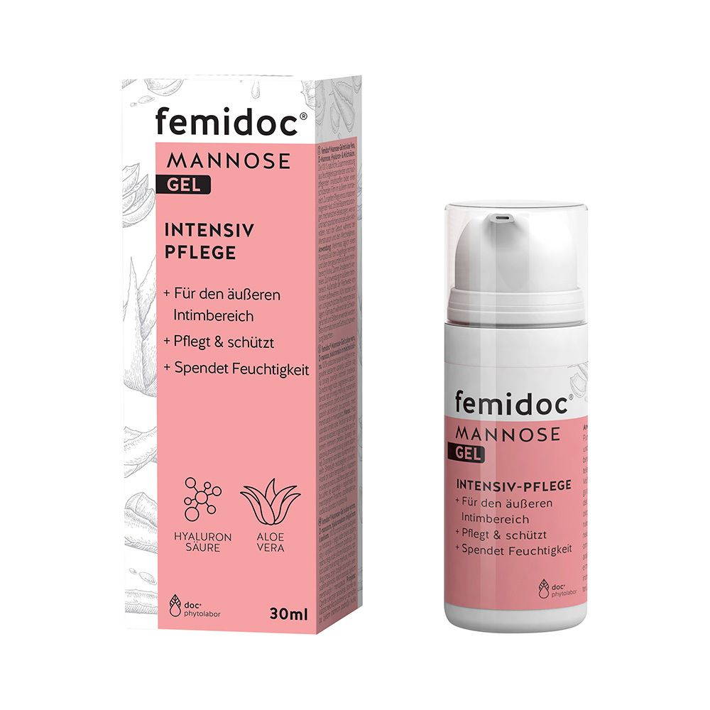 femidoc® Mannose Gel, flacon et emballage. Accents roses, texte: Soin intensif, 30ml. Contient de l'acide hyaluronique et de l'aloe vera.