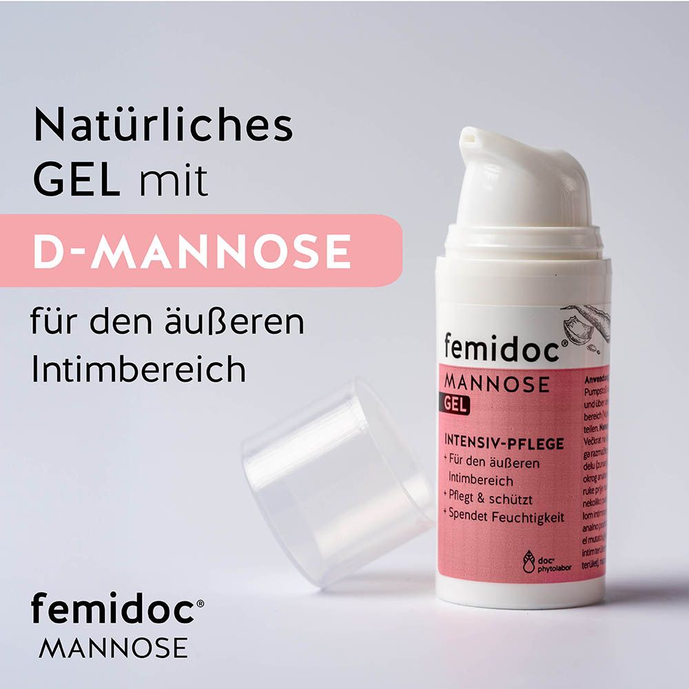 Gel femidoc® Mannose avec pompe, capuchon à côté.