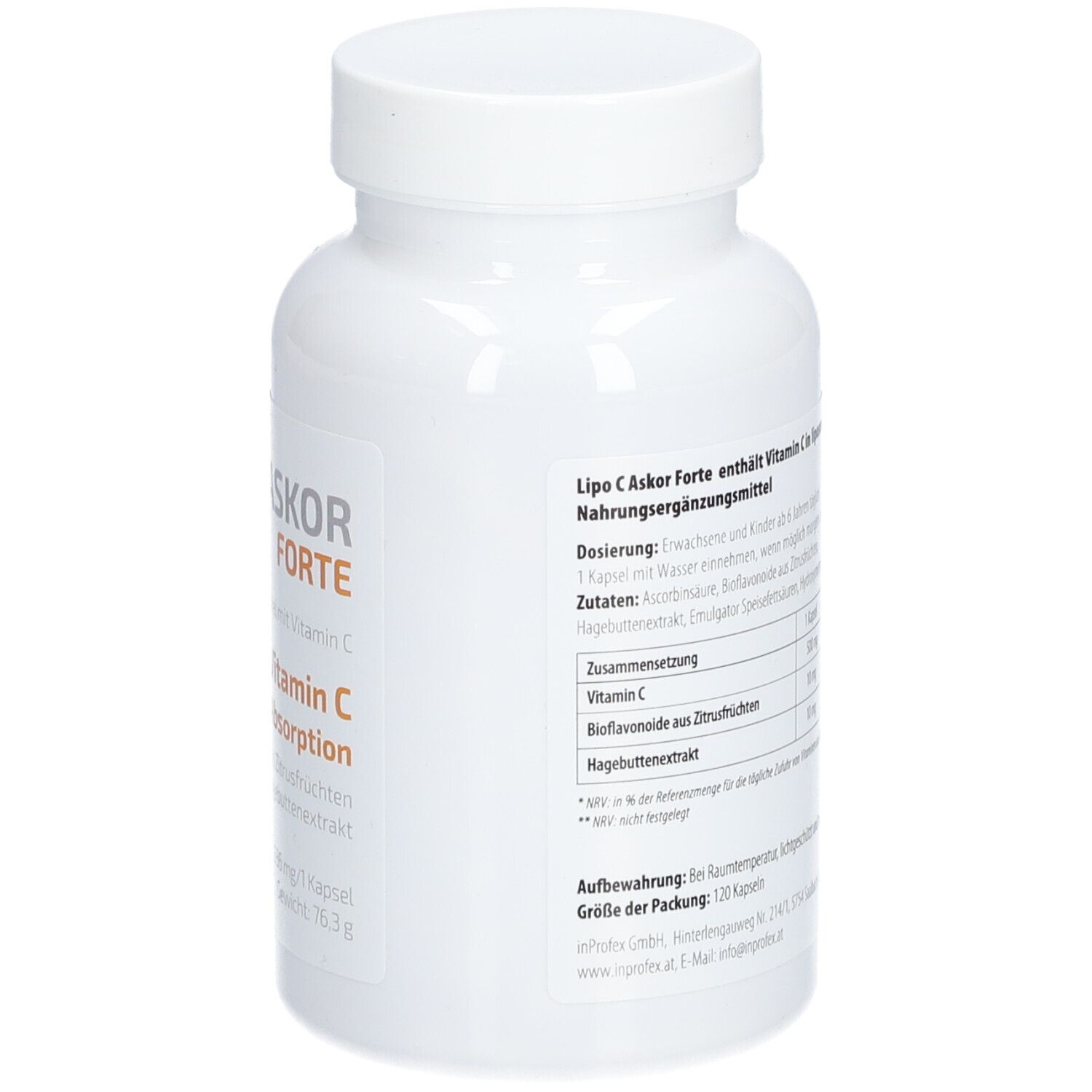 Flacon blanc de LIPO-C-ASKOR Forte. Dos avec informations sur le contenu. Contient 120 gélules.