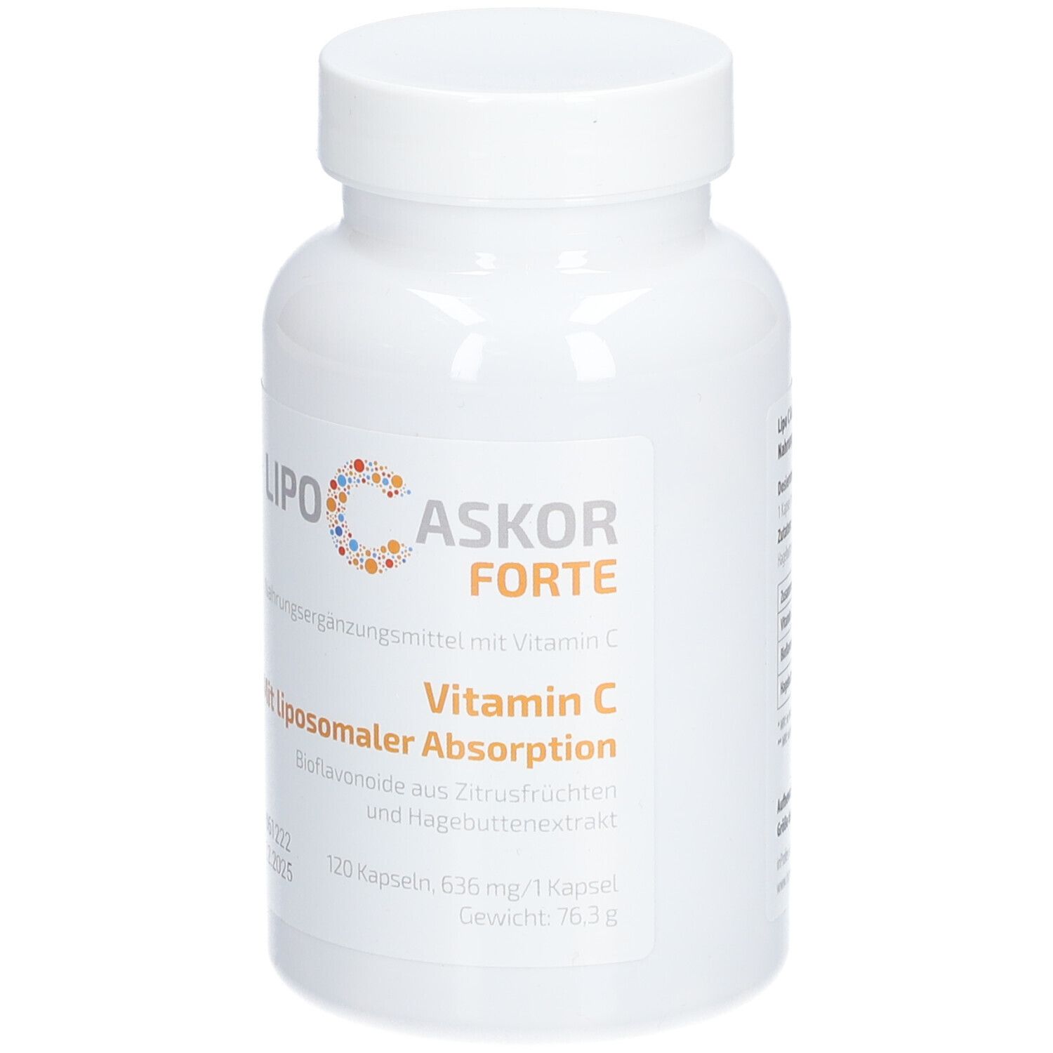 Flacon blanc de LIPO-C-ASKOR Forte. Inscription: Vitamine C, absorption liposomale. Contient 120 gélules.