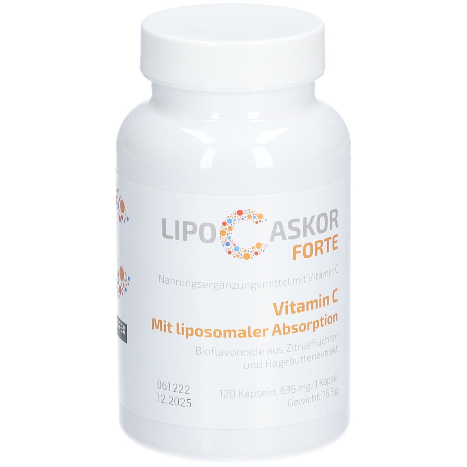 Flacon blanc de LIPO-C-ASKOR Forte. Inscription: Vitamine C, absorption liposomale. Contient 120 gélules.