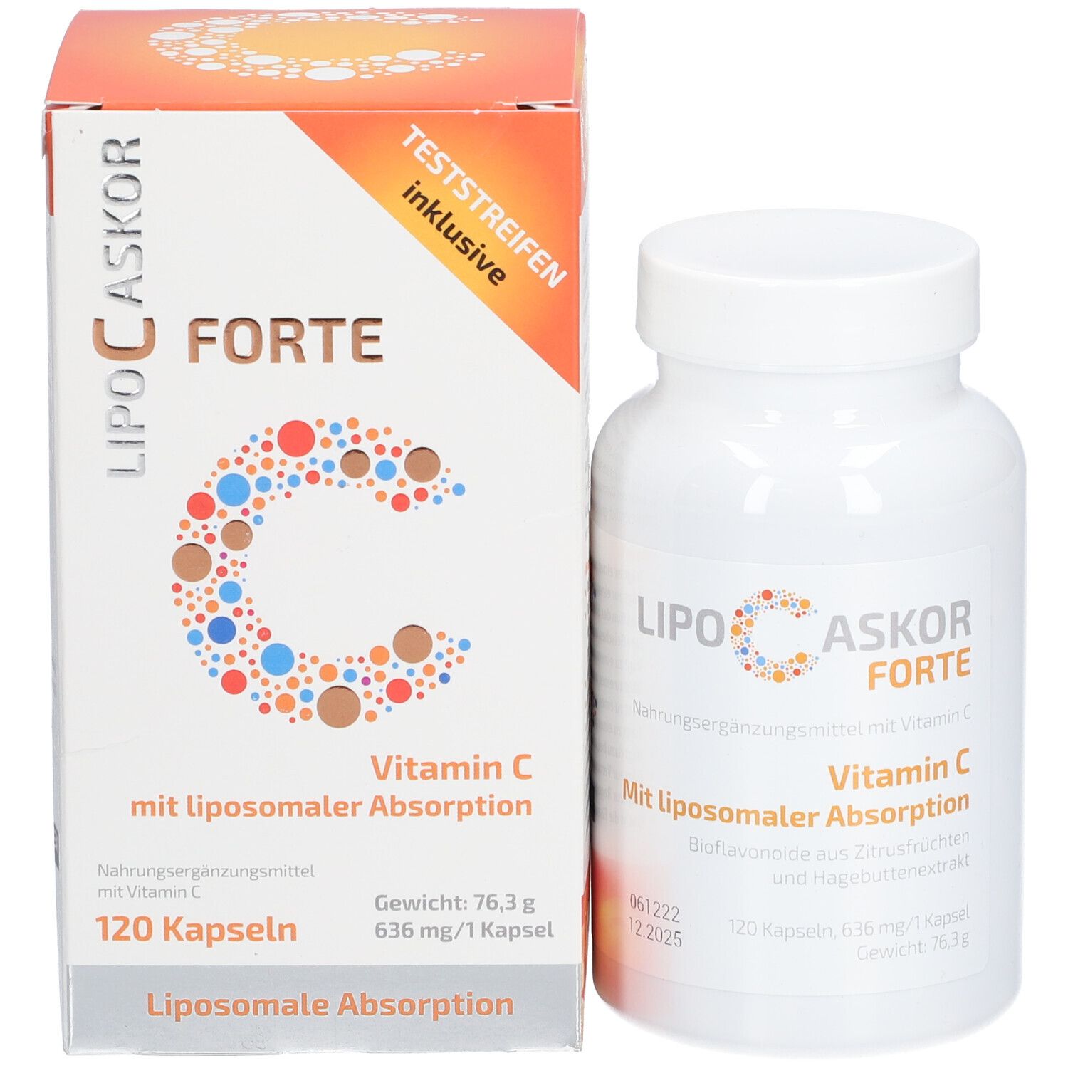 Flacon blanc et boîte de LIPO-C-ASKOR Forte. Contient 120 gélules. Accents orange et bleus.