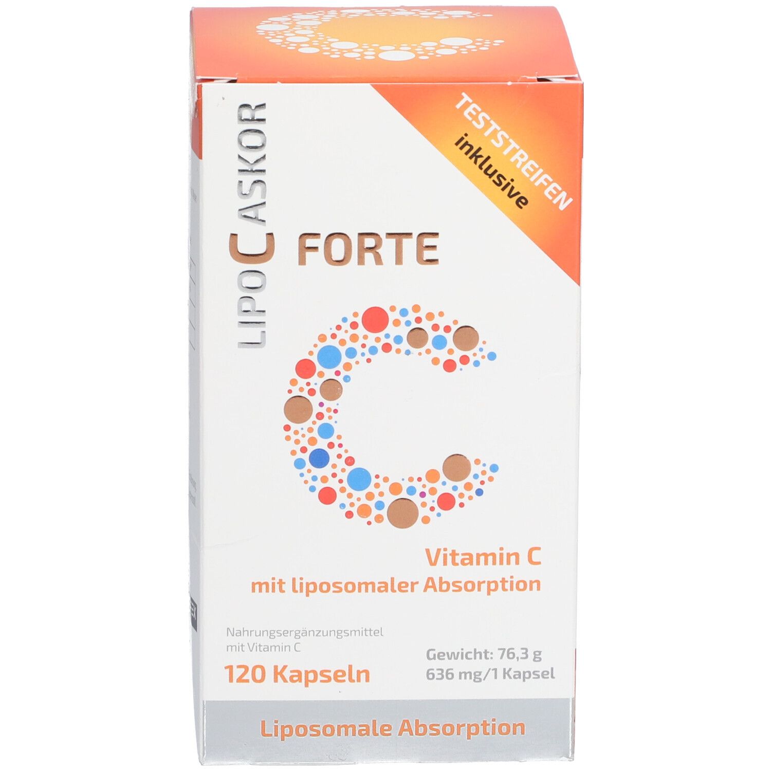 Boîte de LIPO-C-ASKOR Forte. Contient 120 gélules. Accents orange et bleus. Texte: Vitamine C.