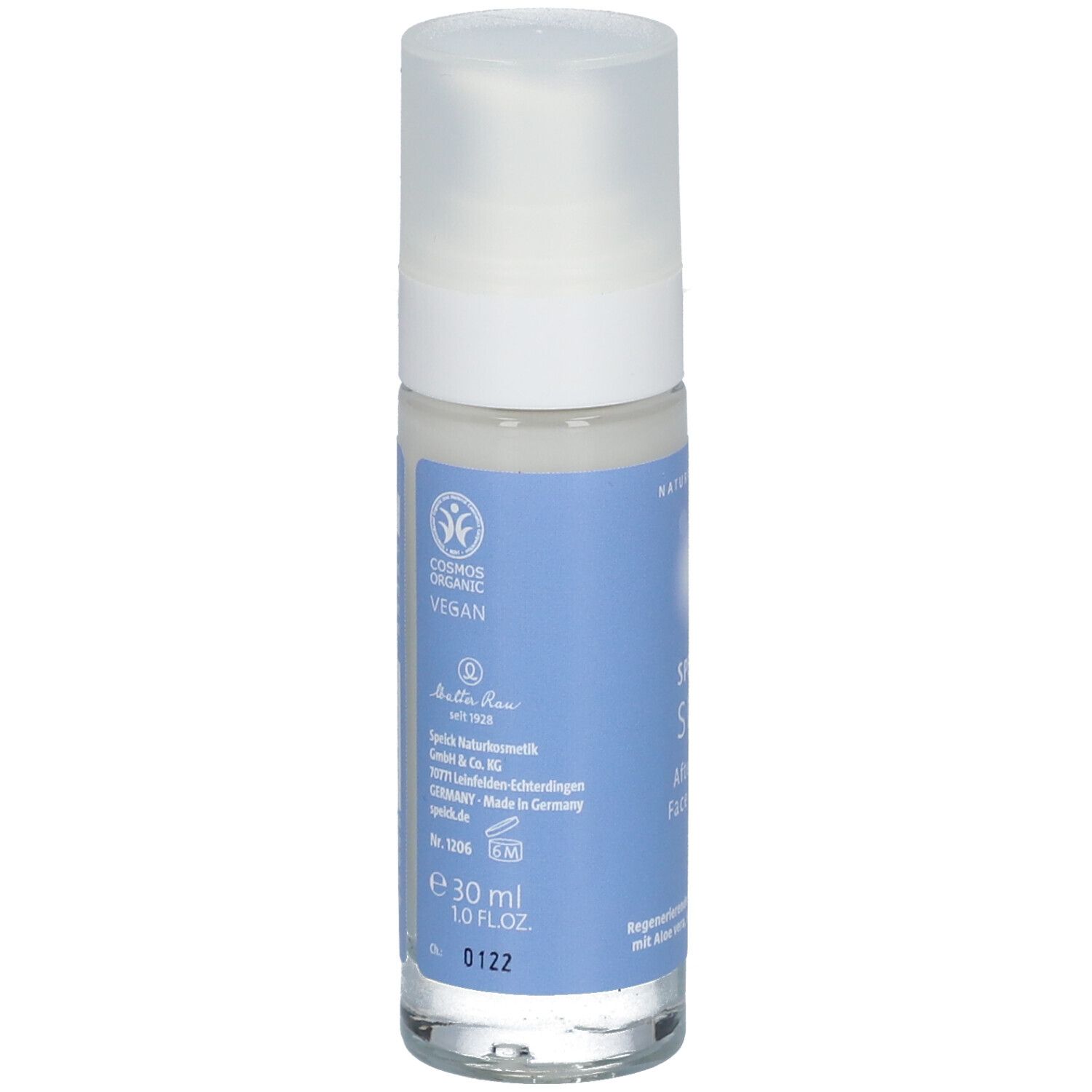 Rückseite der Flasche. COSMOS ORGANIC VEGAN-Logo. SPEICK Naturkosmetik. 30 ml. Hergestellt in Deutschland.