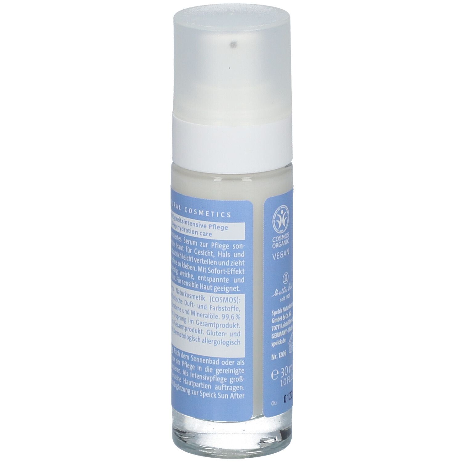 Rückseite der Flasche. Text über Inhaltsstoffe und Anwendung. COSMOS ORGANIC VEGAN-Logo. 30 ml.