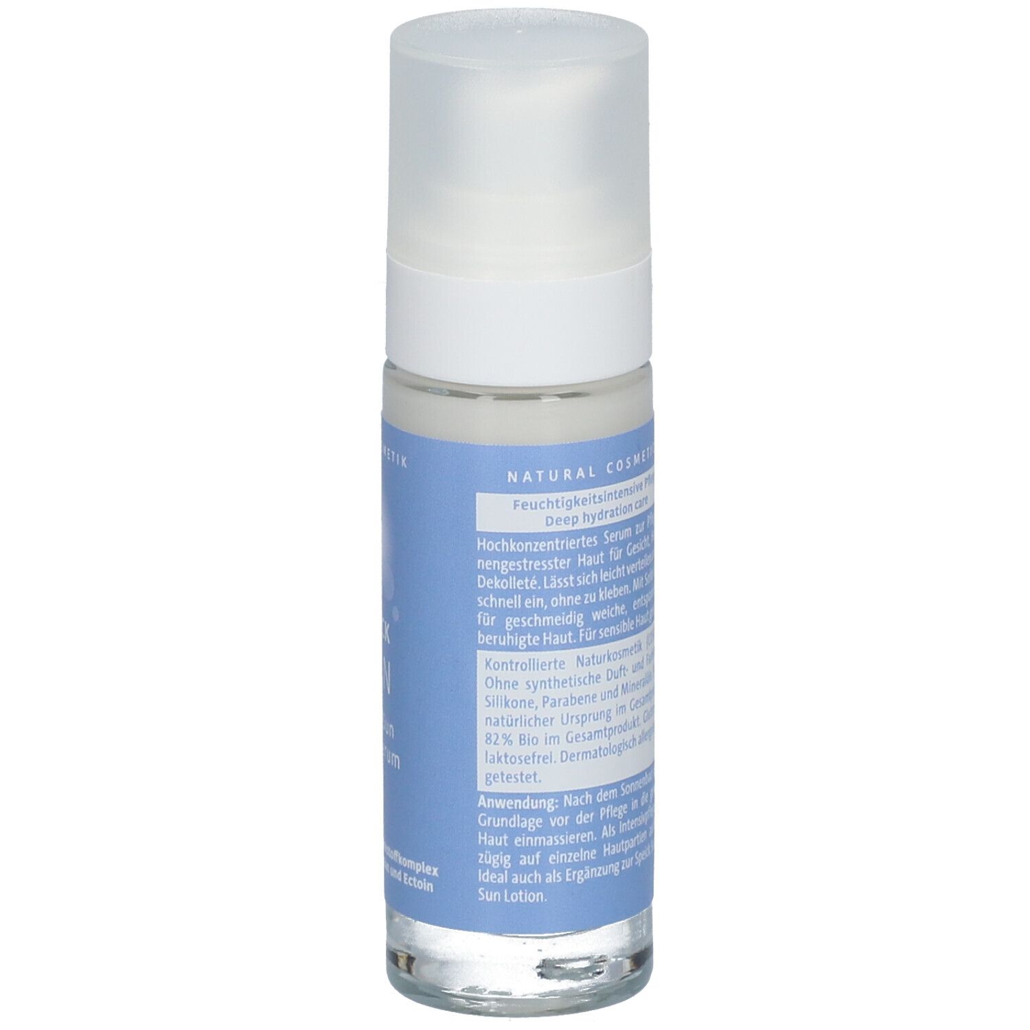 Rückseite der Flasche. Text über feuchtigkeitsspendende Eigenschaften. Naturkosmetik. 30 ml.