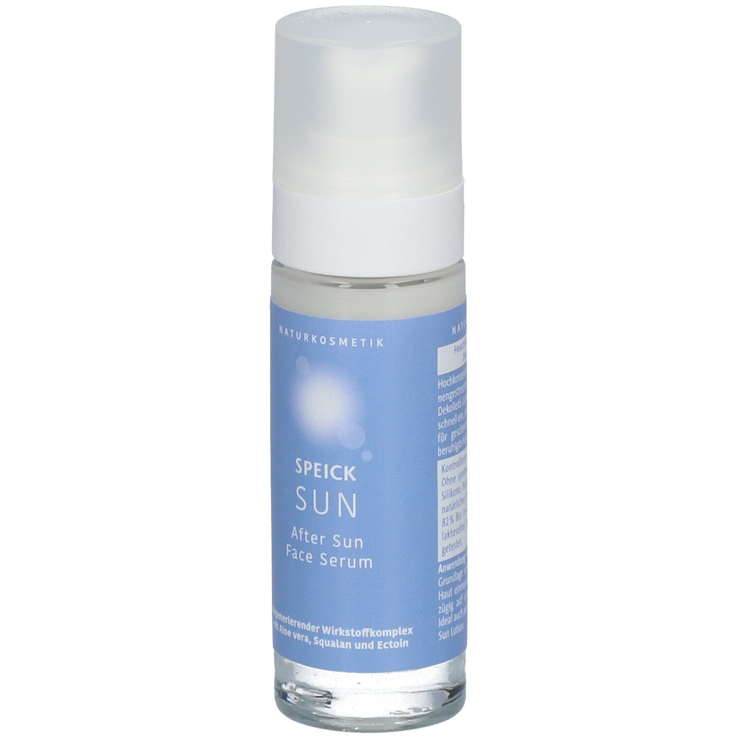 Klarflasche mit weißem Pumpkopf. SPEICK SUN After Sun Face Serum auf blauem Etikett. Naturkosmetik.