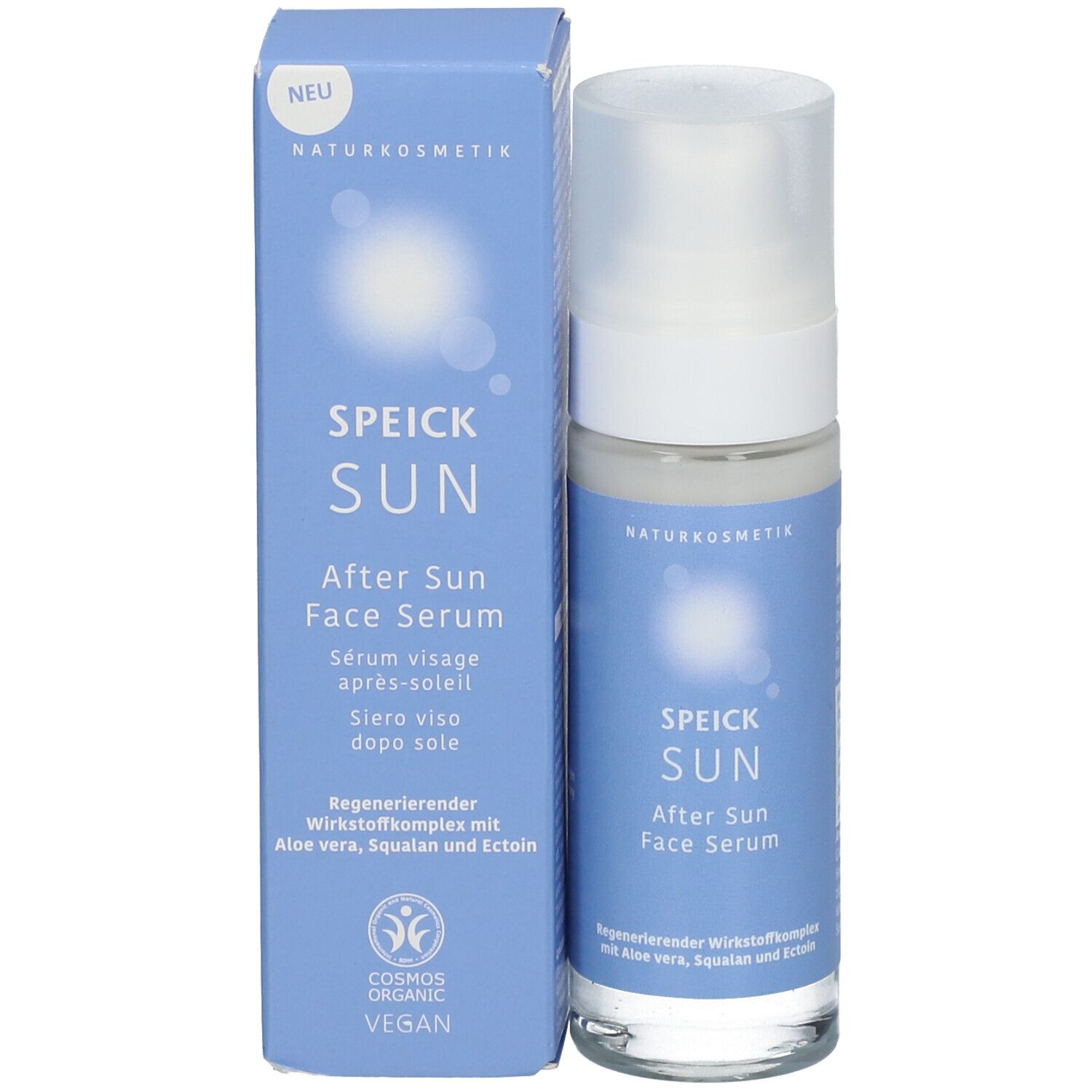 Produkt und Verpackung. SPEICK SUN After Sun Face Serum. Flasche und Schachtel. COSMOS ORGANIC VEGAN.