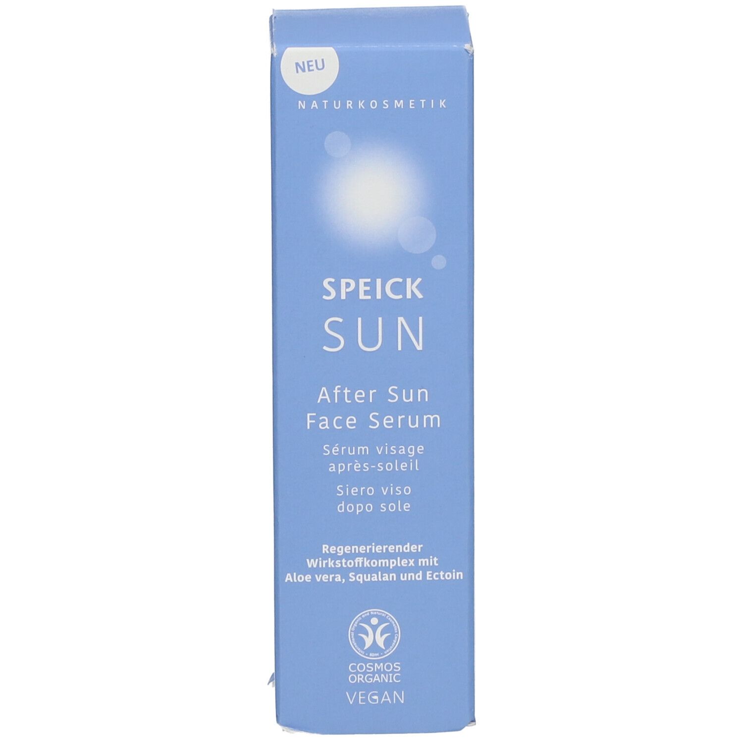 Verpackung. SPEICK SUN After Sun Face Serum. Text in Deutsch, Französisch und Italienisch. COSMOS ORGANIC VEGAN.